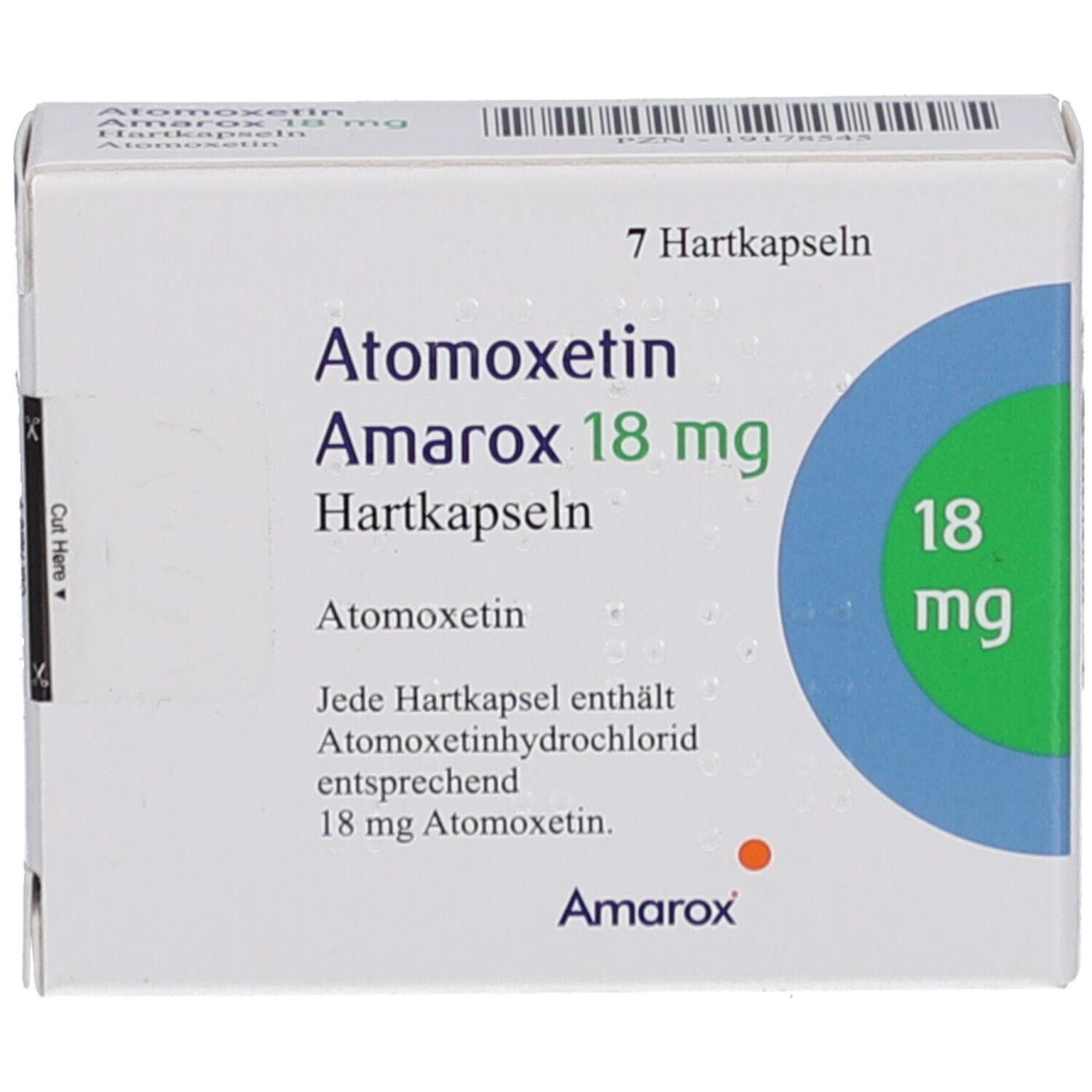 Schachtel mit Atomoxetin Amarox 18 mg Hartkapseln. Enthält 7 Kapseln. Blaue und grüne Akzente. Text: 18 mg.