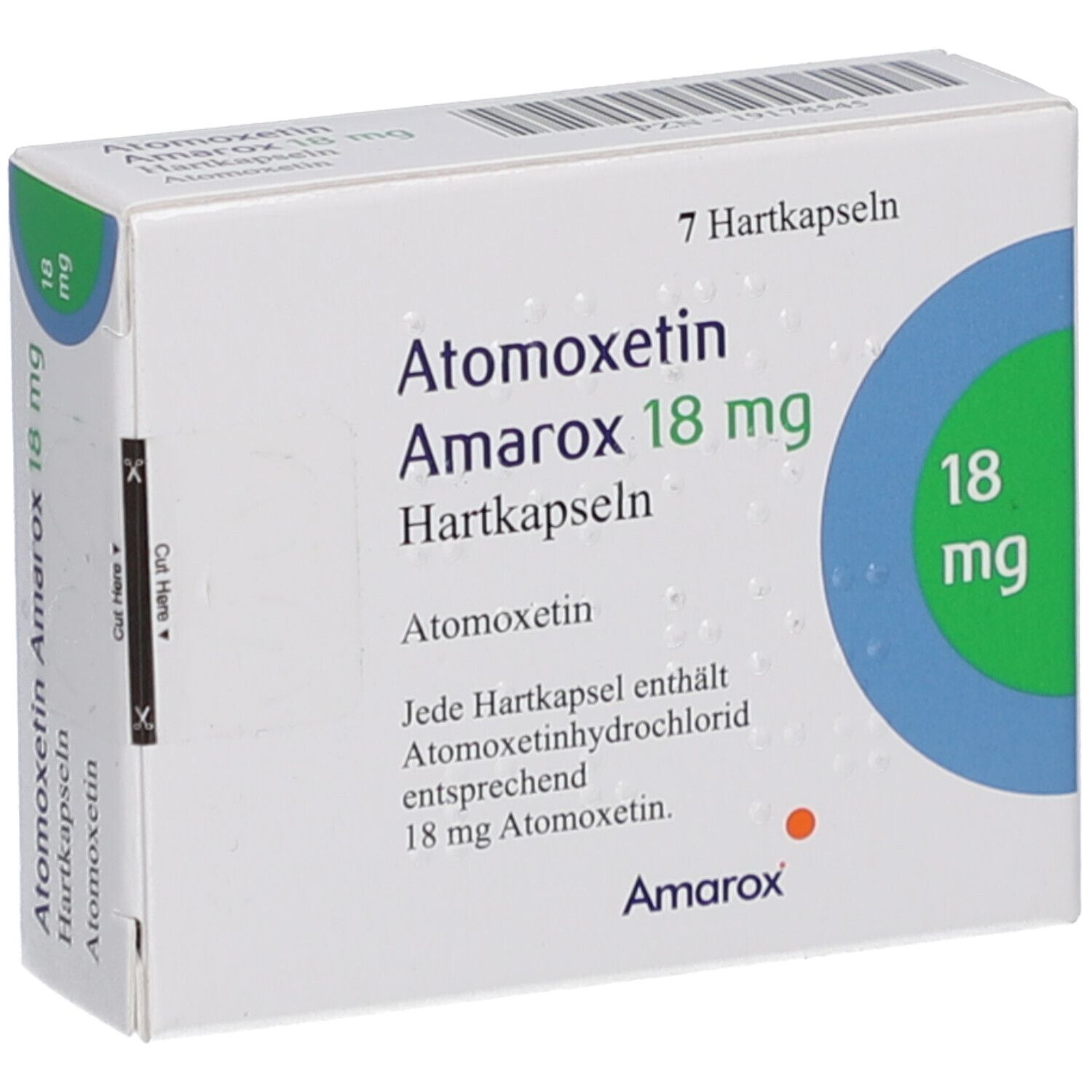 Schachtel mit Atomoxetin Amarox 18 mg Hartkapseln. Enthält 7 Kapseln. Blaue und grüne Akzente. Text: 18 mg.