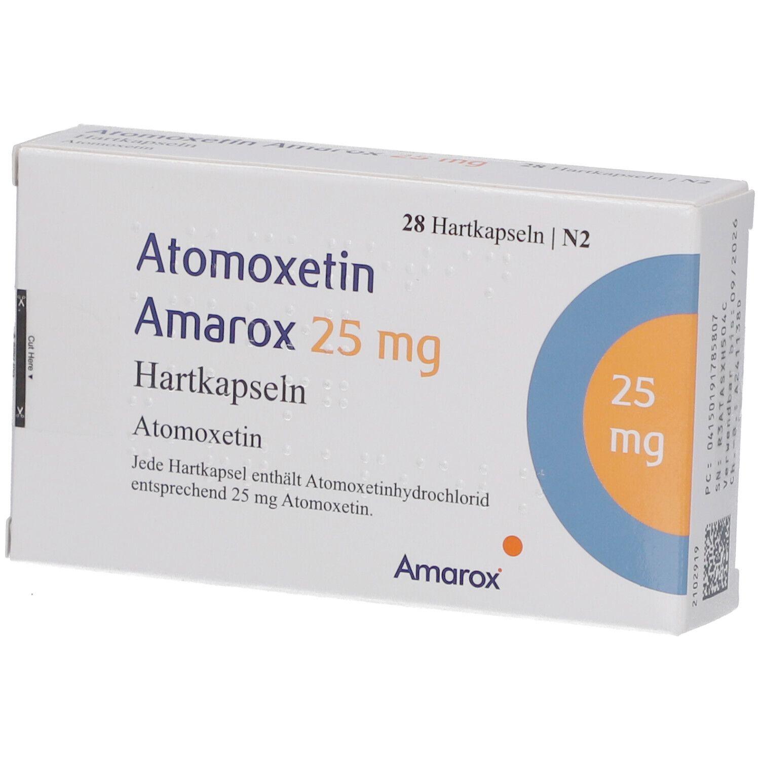 Weiße Arzneimittelverpackung mit Aufschrift 'Atomoxetin Amarox 25 mg Hartkapseln'. Enthält 28 Kapseln. Blaue und orangefarbene Akzente.