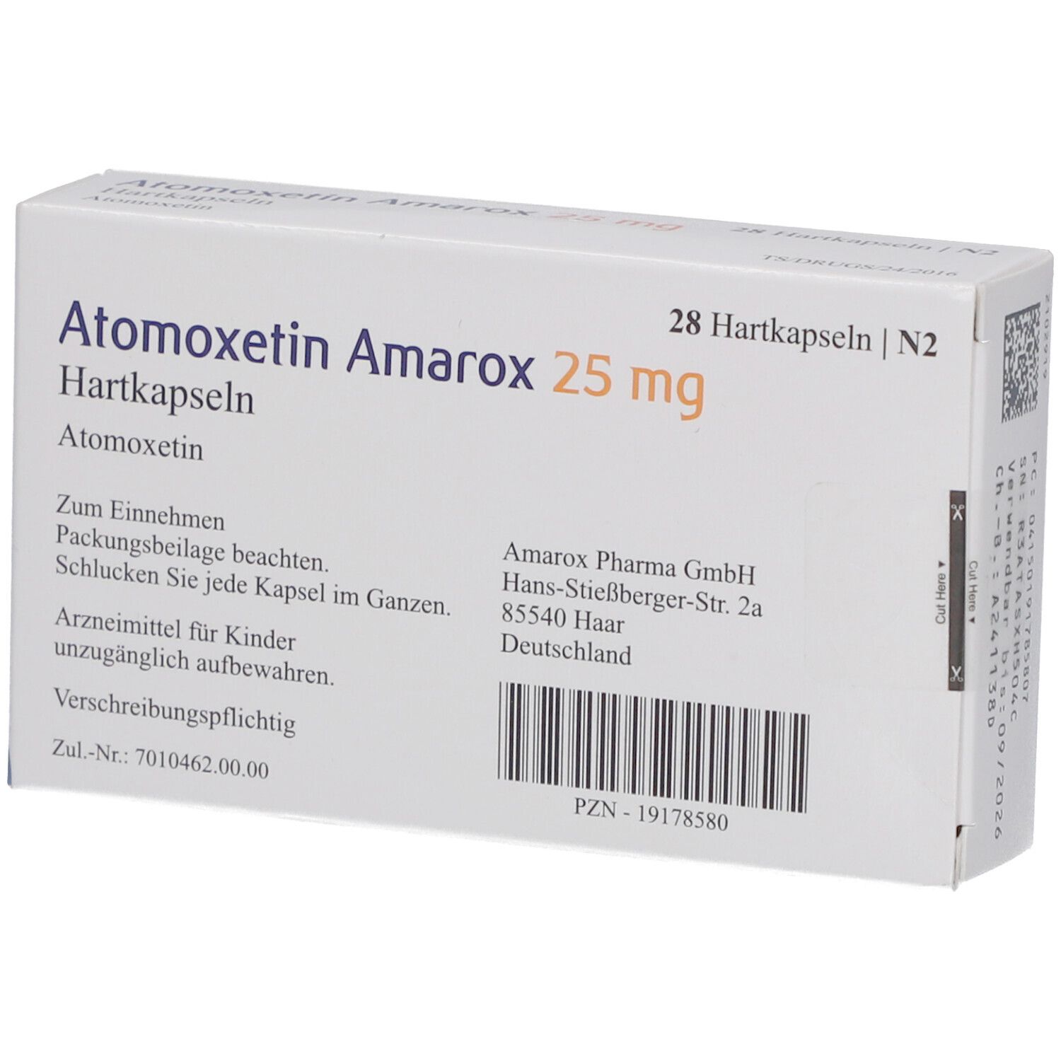 Arzneimittelverpackung mit 'Atomoxetin Amarox 25 mg Hartkapseln'. Enthält 28 Kapseln. Text mit Herstellerinformationen und Warnhinweisen.