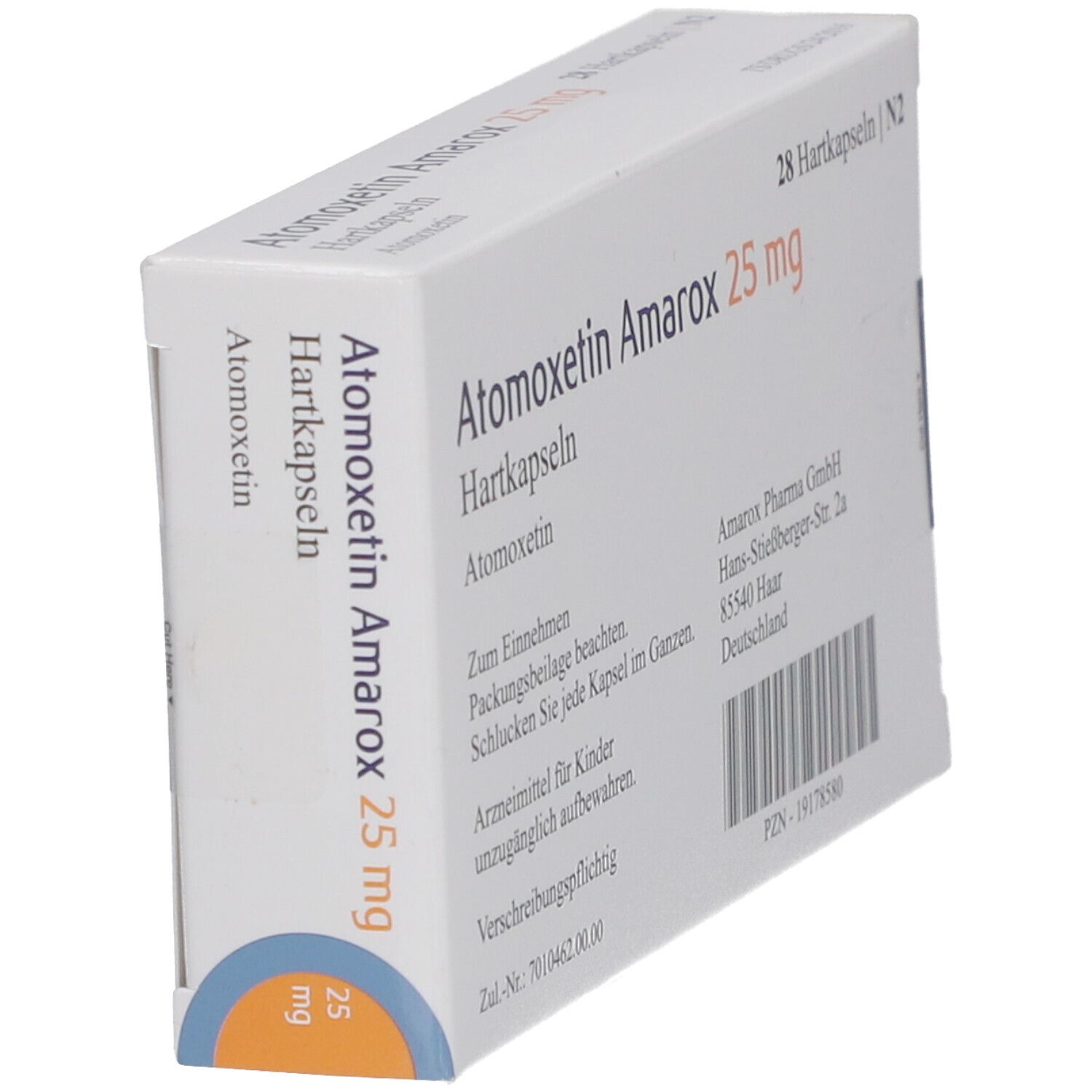 Schräg stehende Arzneimittelverpackung mit 'Atomoxetin Amarox 25 mg Hartkapseln'. Enthält 28 Kapseln. Text mit Herstellerinformationen.