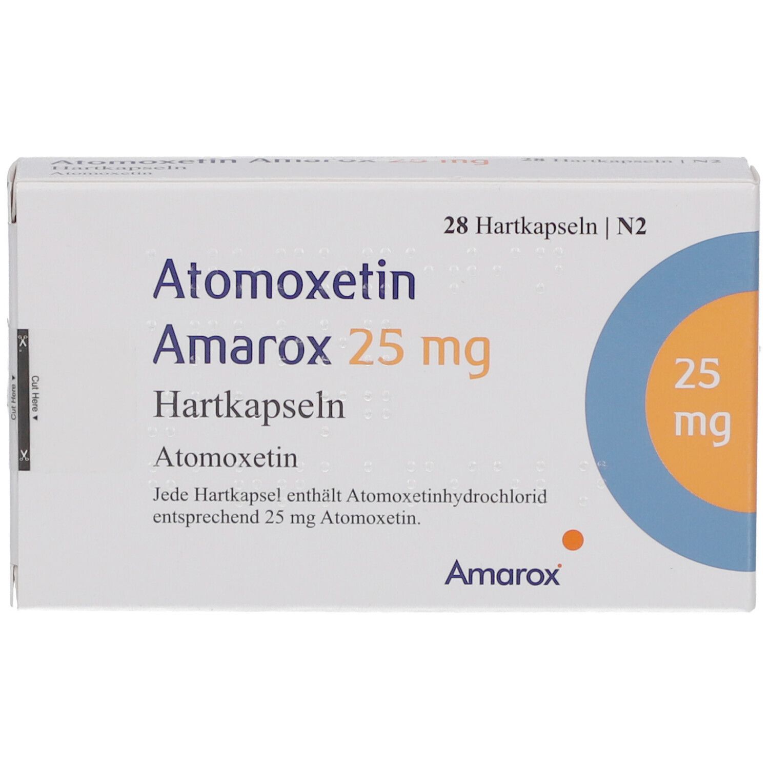 Arzneimittelverpackung mit 'Atomoxetin Amarox 25 mg Hartkapseln'. Enthält 28 Kapseln. Blaue und orangefarbene Akzente.