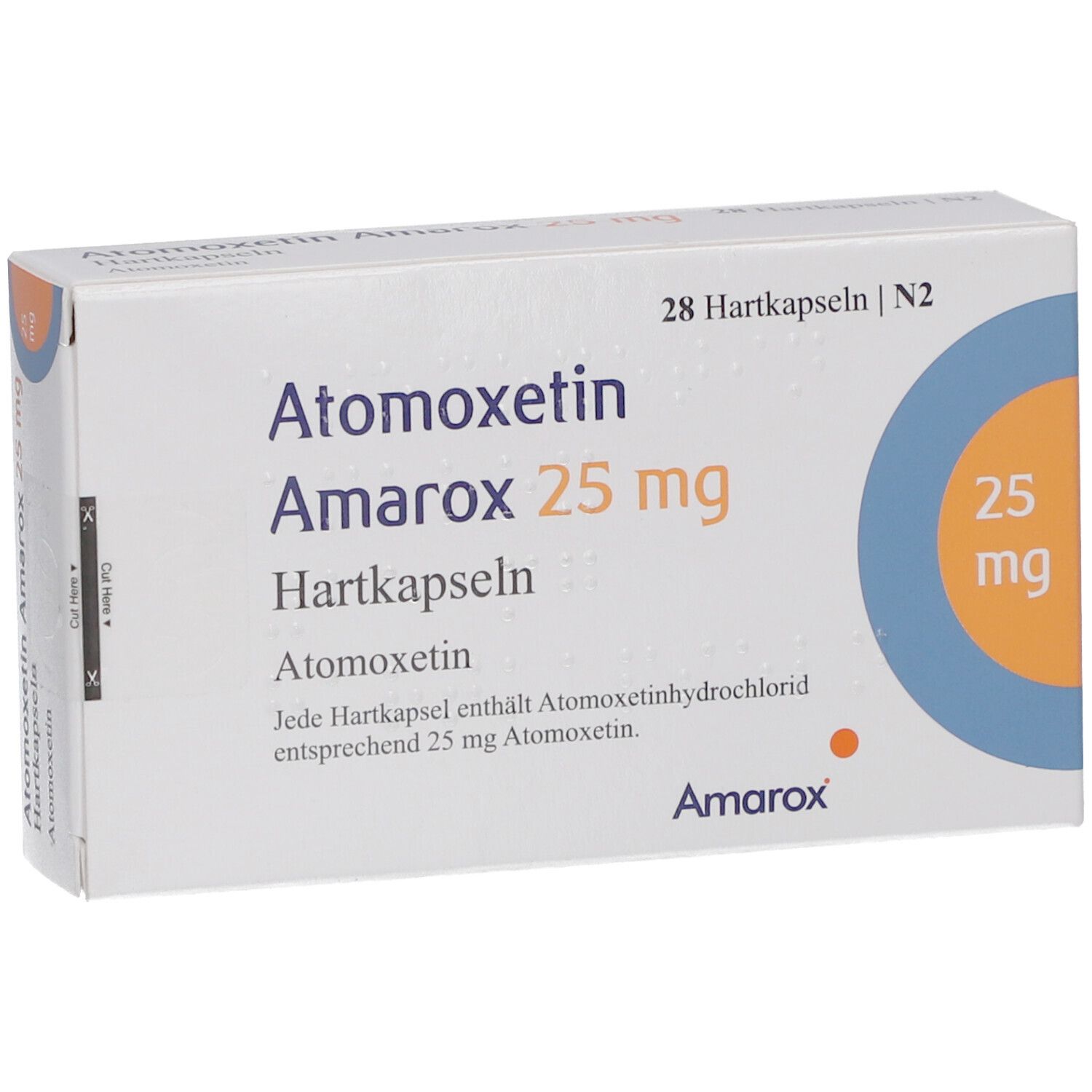 Arzneimittelverpackung mit 'Atomoxetin Amarox 25 mg Hartkapseln'. Enthält 28 Kapseln. Blaue und orangefarbene Akzente.