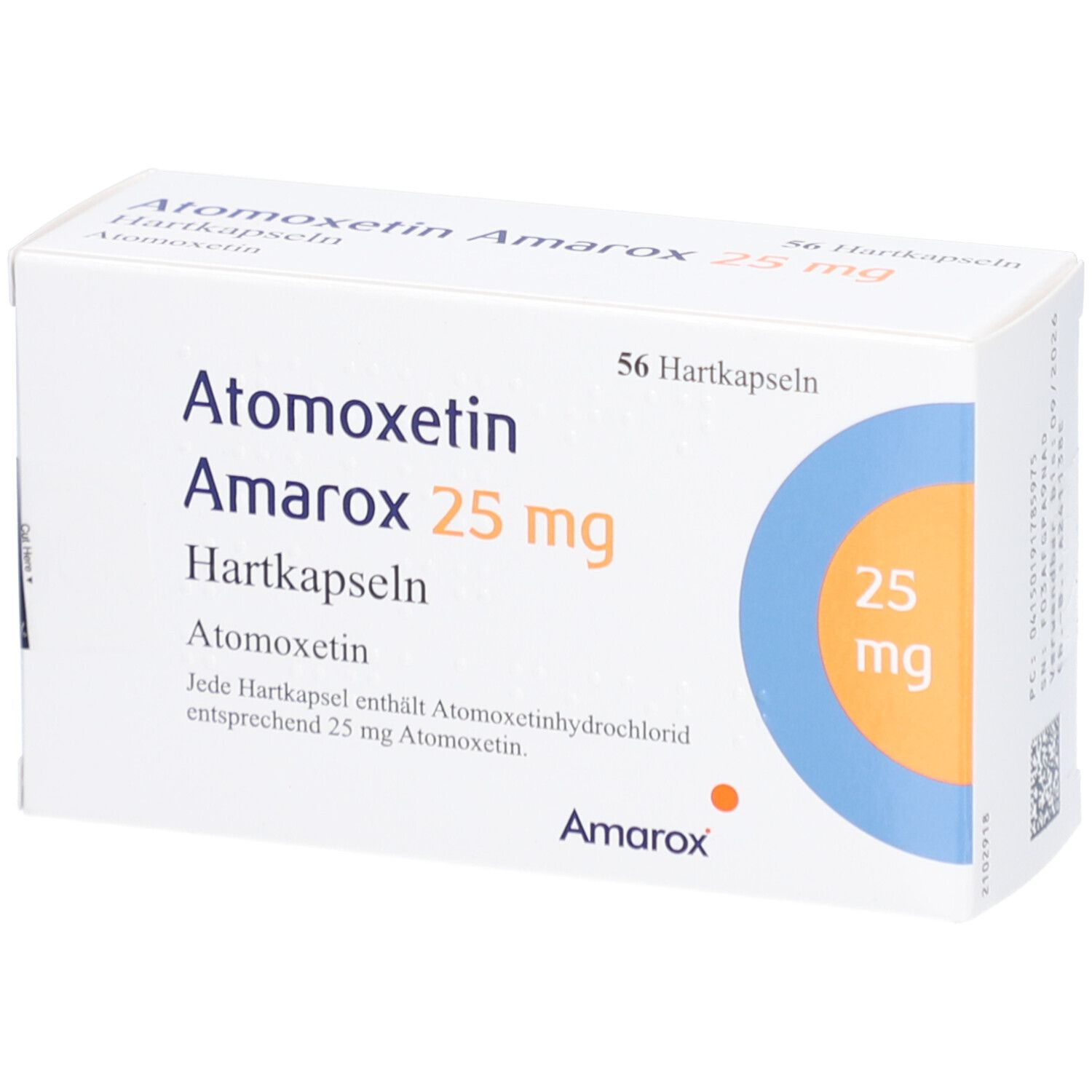 Schachtel mit ATOMOXETIN Amarox 25 mg Hartkapseln. Aufschrift: 56 Hartkapseln. Blaue und orangefarbene Kreise.