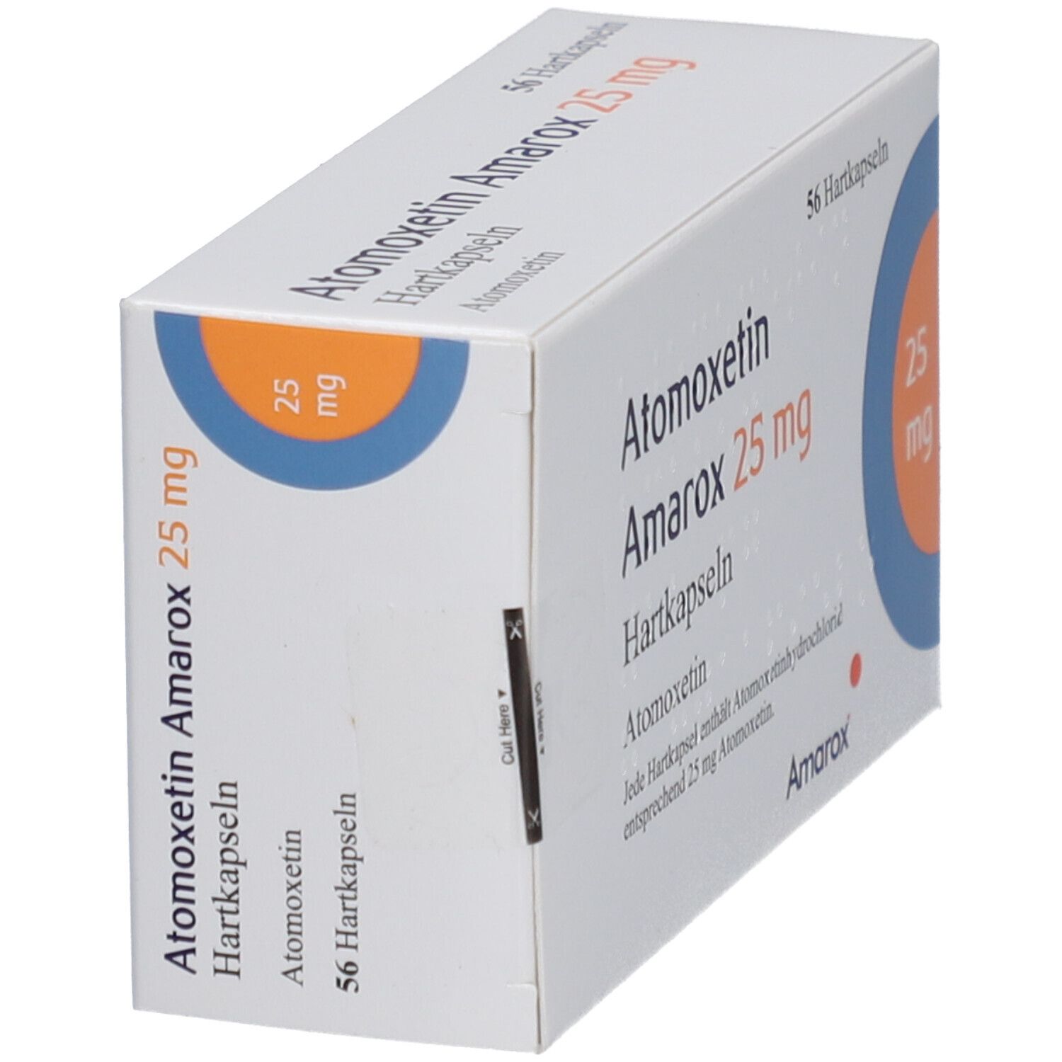 Schachtel ATOMOXETIN Amarox 25 mg Hartkapseln. Aufschrift: 56 Hartkapseln. Blaue und orangefarbene Kreise. Ansicht schräg.