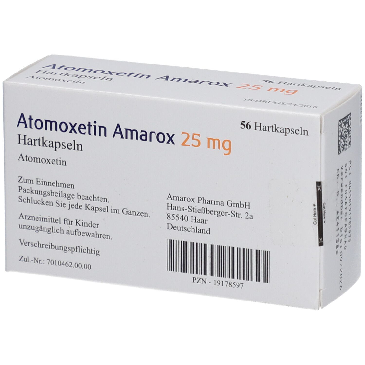 Schachtel ATOMOXETIN Amarox 25 mg Hartkapseln. Aufschrift: 56 Hartkapseln. Text und Barcode. Herstelleradresse.