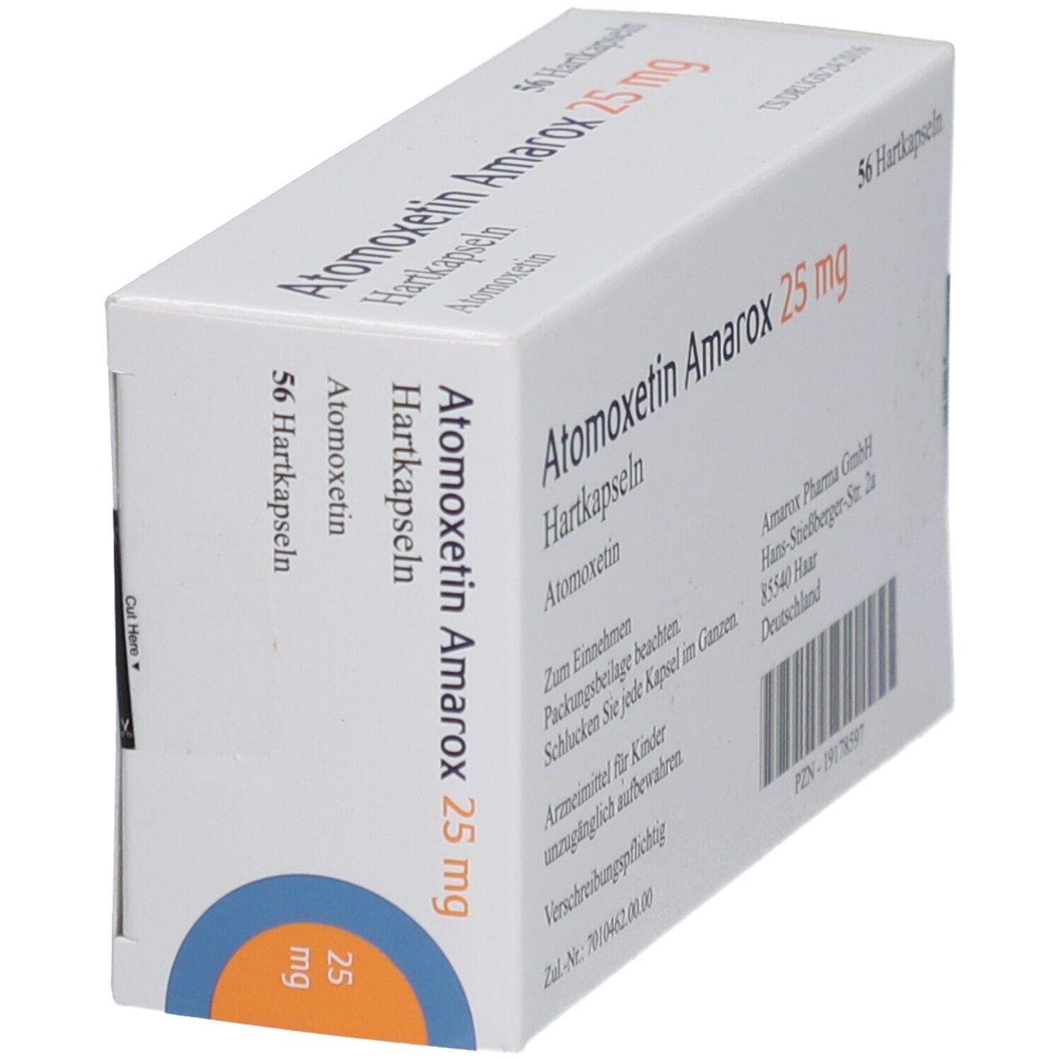 Schachtel ATOMOXETIN Amarox 25 mg Hartkapseln. Aufschrift: 56 Hartkapseln. Blaue und orangefarbene Kreise. Ansicht schräg.