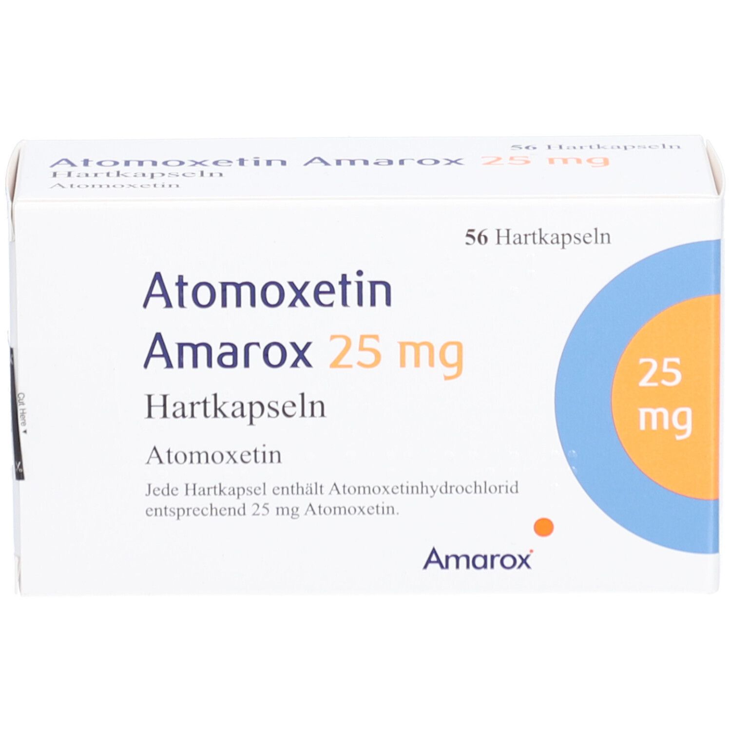 Schachtel mit ATOMOXETIN Amarox 25 mg Hartkapseln. Aufschrift: 56 Hartkapseln. Blaue und orangefarbene Kreise.