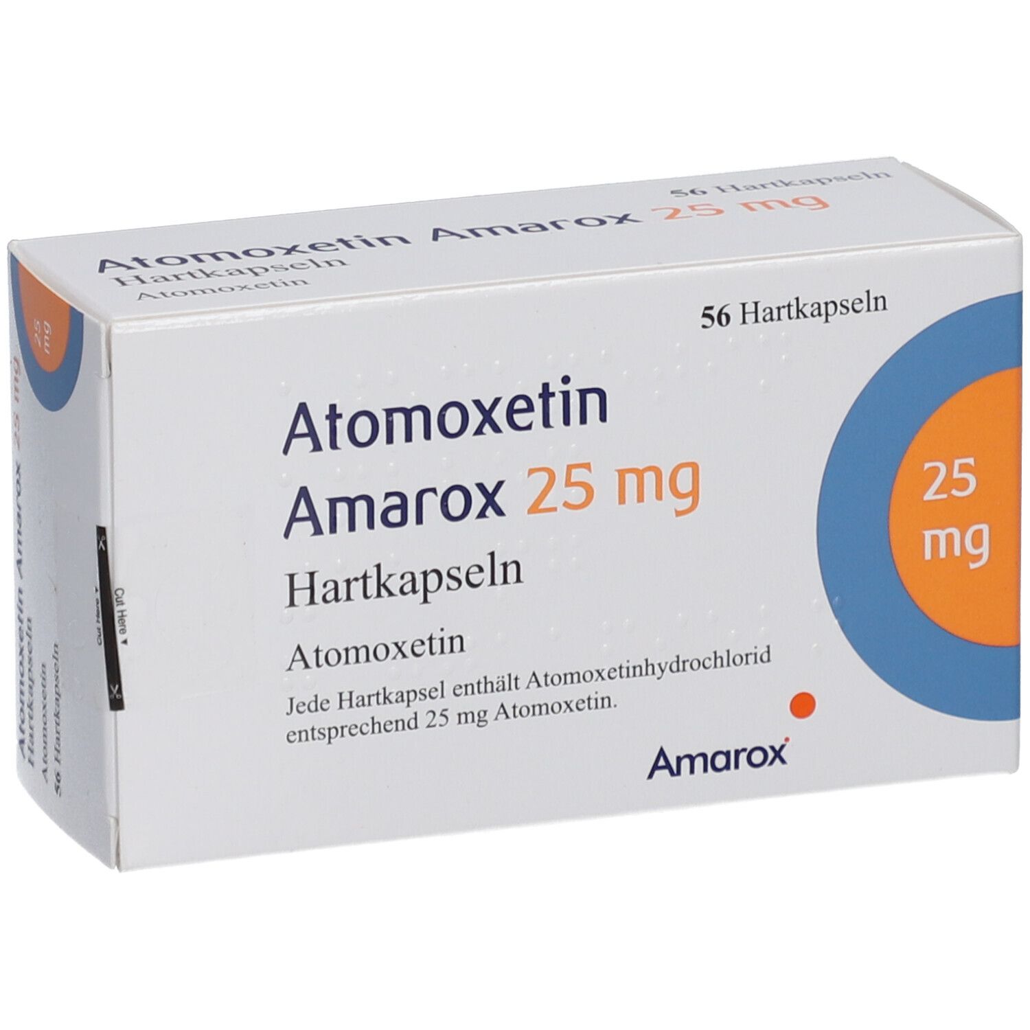 Schachtel mit ATOMOXETIN Amarox 25 mg Hartkapseln. Aufschrift: 56 Hartkapseln. Blaue und orangefarbene Kreise.