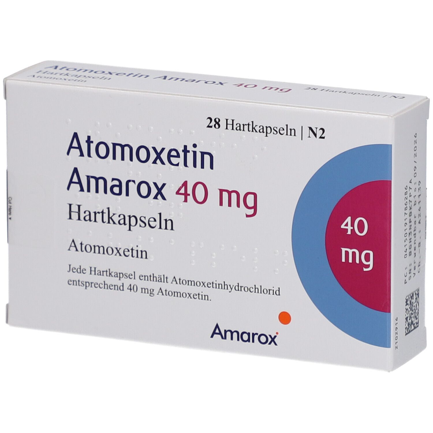 Weiße Faltschachtel mit Aufschrift 'Atomoxetin Amarox 40 mg Hartkapseln'. Enthält 28 Hartkapseln. Marke Amarox.