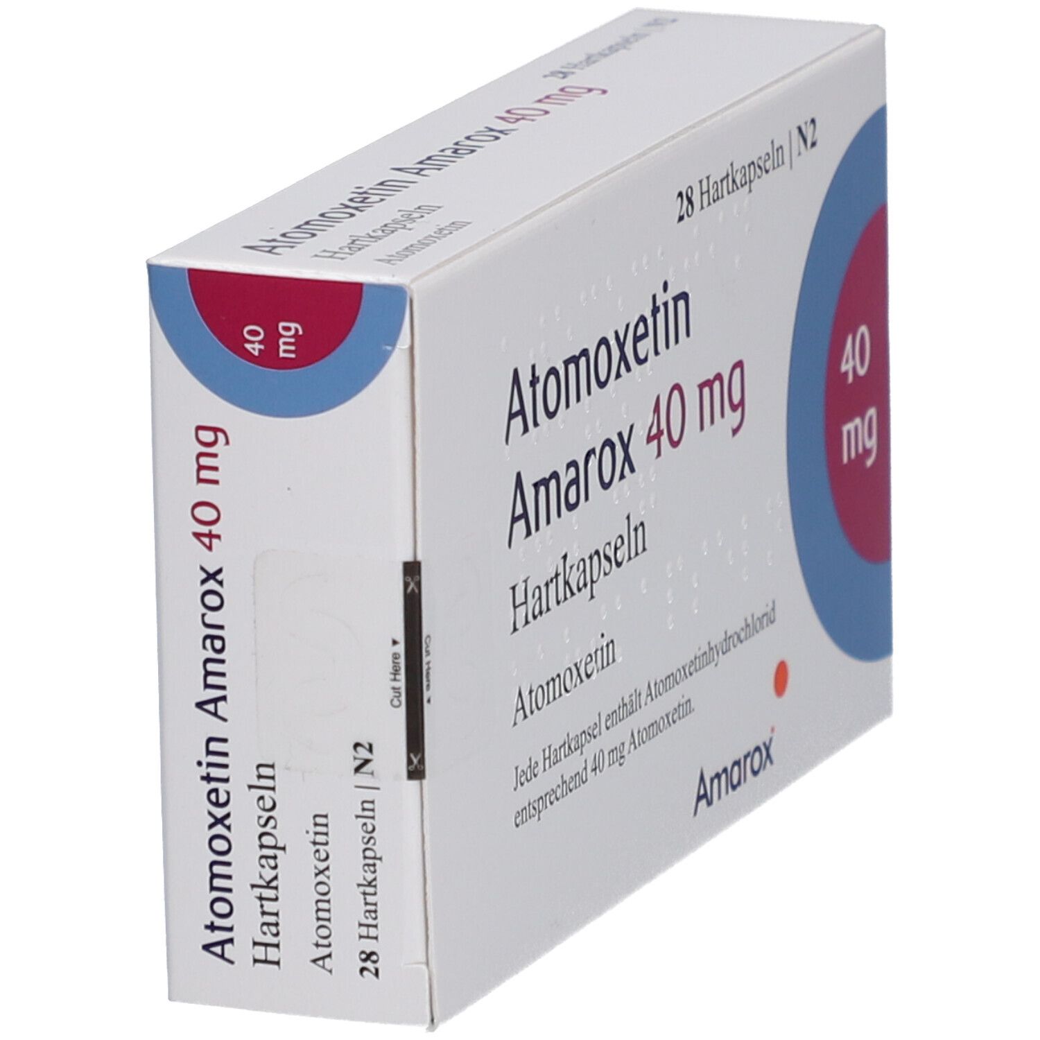 Schräg gestellte weiße Faltschachtel mit 'Atomoxetin Amarox 40 mg Hartkapseln'. Enthält 28 Kapseln. Marke Amarox.