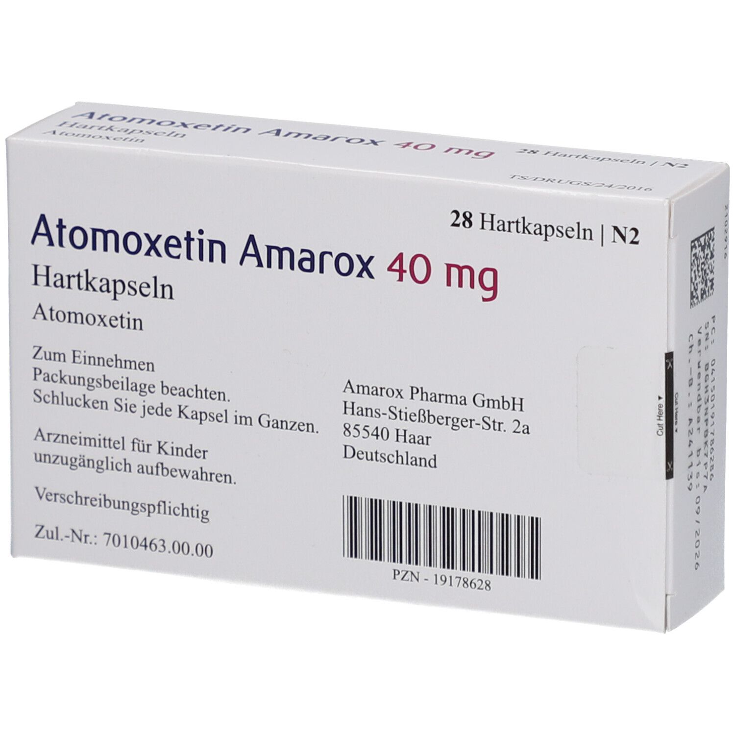 Weiße Faltschachtel mit 'Atomoxetin Amarox 40 mg Hartkapseln'. Text: 'Zum Einnehmen'. Herstelleradresse. Enthält 28 Kapseln.