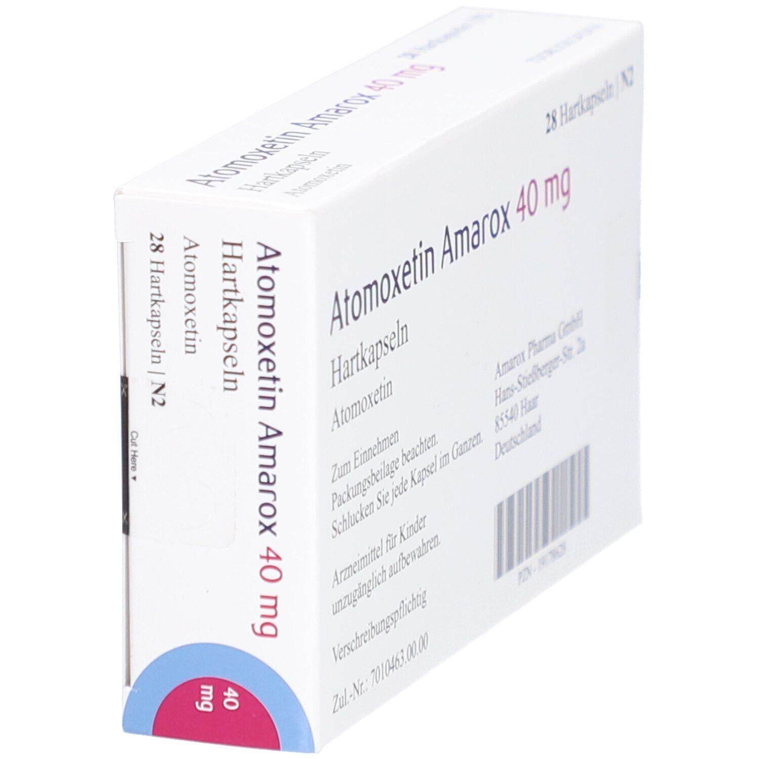 Schräg gestellte weiße Faltschachtel mit 'Atomoxetin Amarox 40 mg Hartkapseln'. Enthält 28 Kapseln. Herstelleradresse.