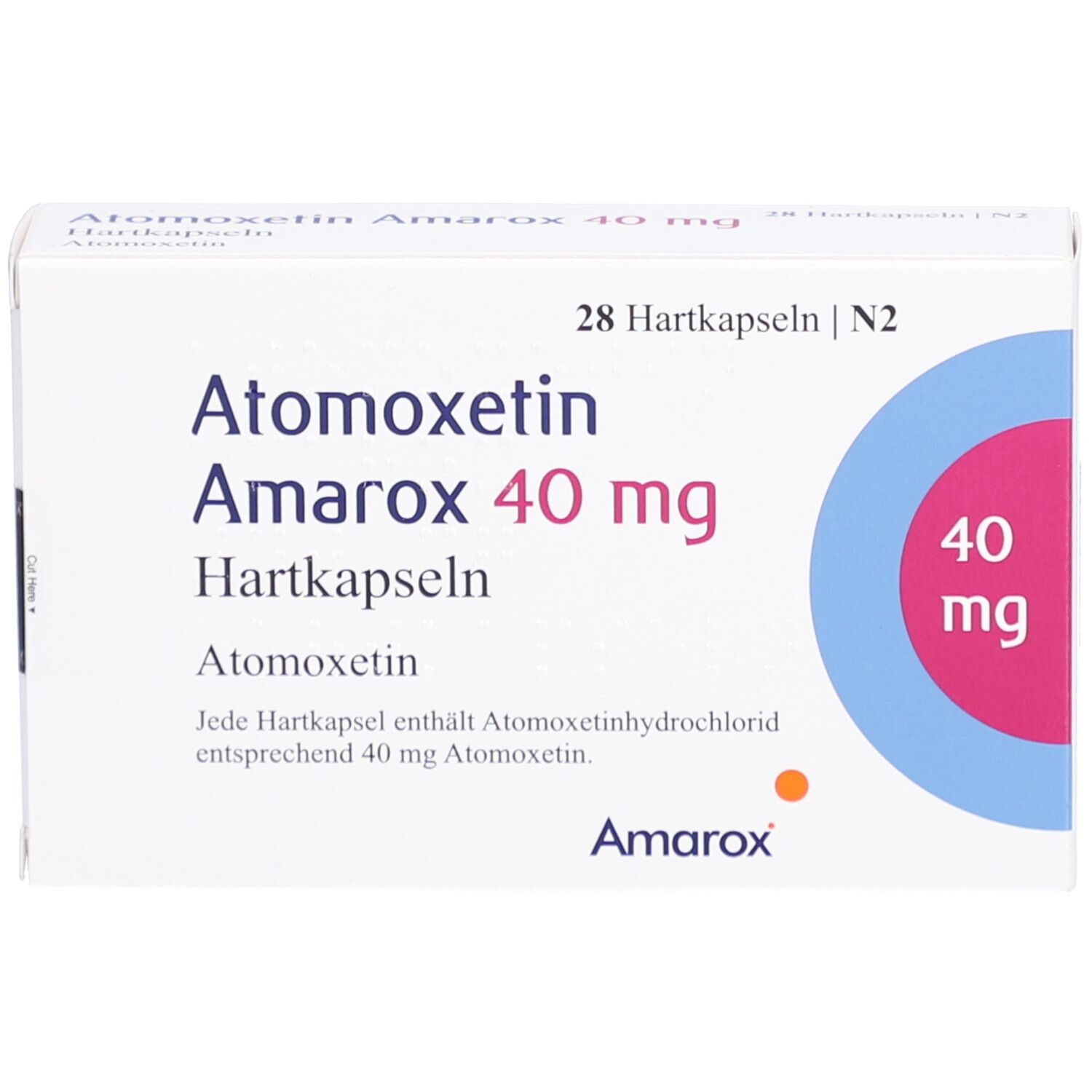Weiße Faltschachtel mit 'Atomoxetin Amarox 40 mg Hartkapseln'. Enthält 28 Kapseln. Marke Amarox. Dosierung: 40 mg.