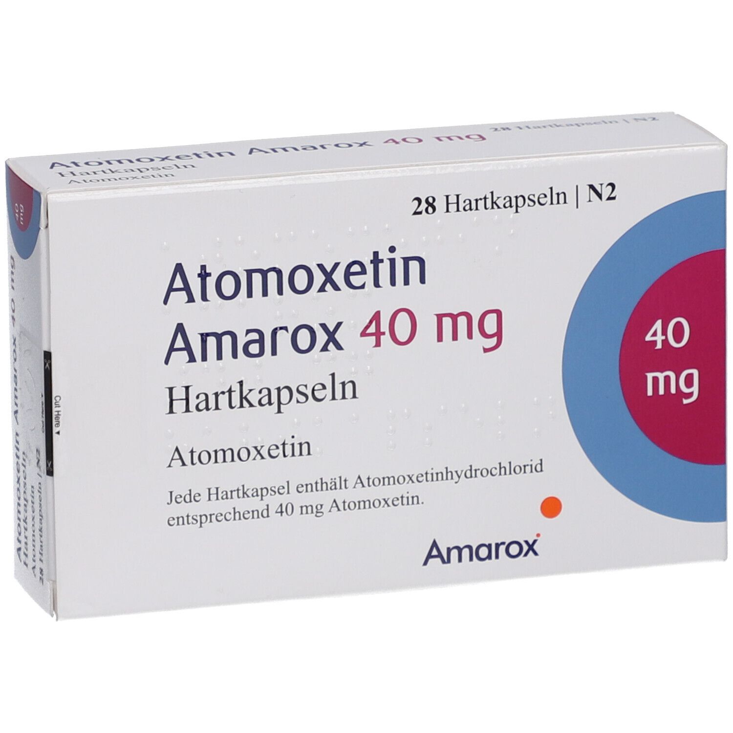 Weiße Faltschachtel mit 'Atomoxetin Amarox 40 mg Hartkapseln'. Enthält 28 Kapseln. Marke Amarox. Dosierung: 40 mg.