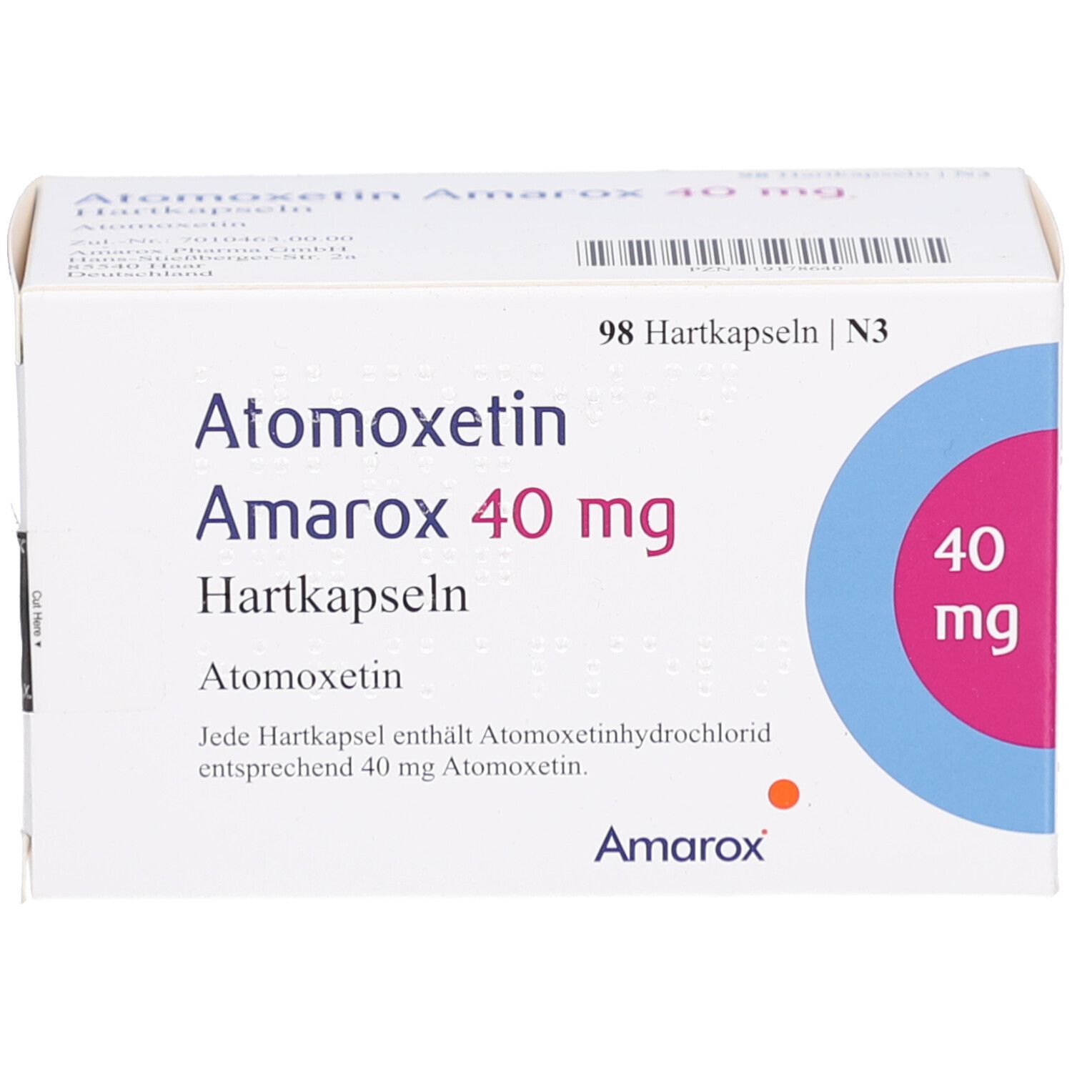 Weiße Arzneimittelverpackung. Aufschrift: Atomoxetin Amarox 40 mg Hartkapseln. Enthält 98 Hartkapseln. Logo Amarox. Blaue und pinkfarbene Kreise.