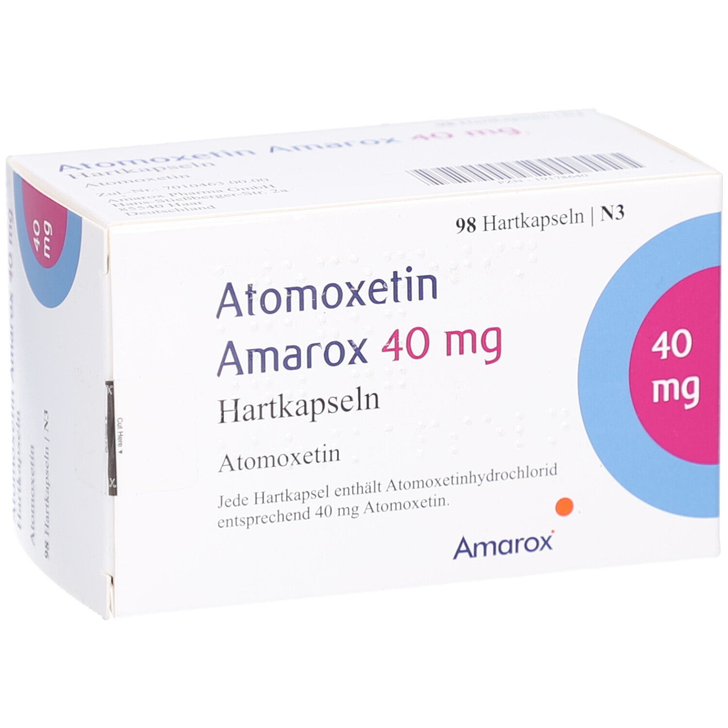 Weiße Arzneimittelverpackung. Aufschrift: Atomoxetin Amarox 40 mg Hartkapseln. Enthält 98 Hartkapseln. Logo Amarox. Blaue und pinkfarbene Kreise.