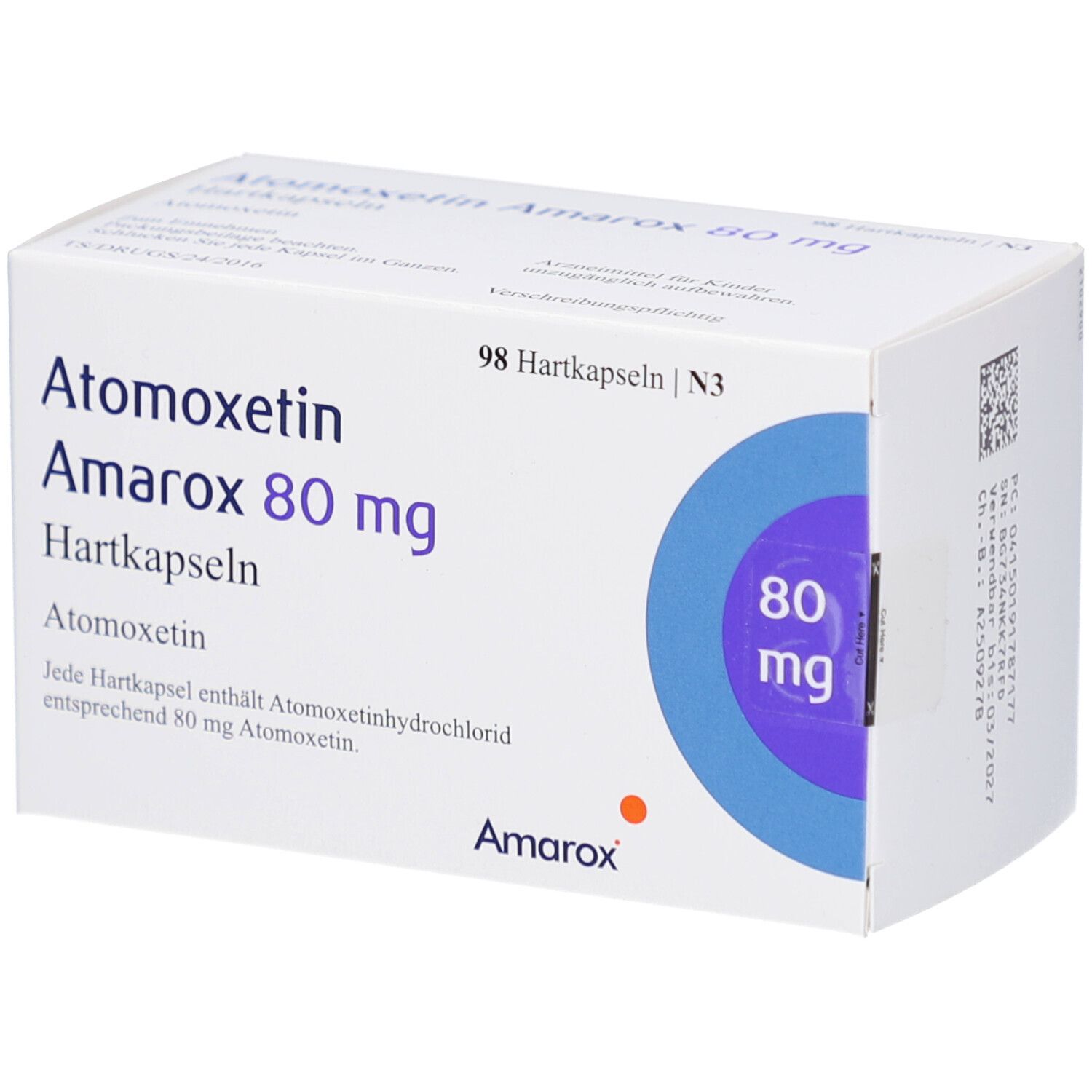 Weiße Arzneimittelbox mit Aufschrift 'Atomoxetin Amarox 80 mg Hartkapseln'. Enthält 98 Hartkapseln. Marke Amarox.