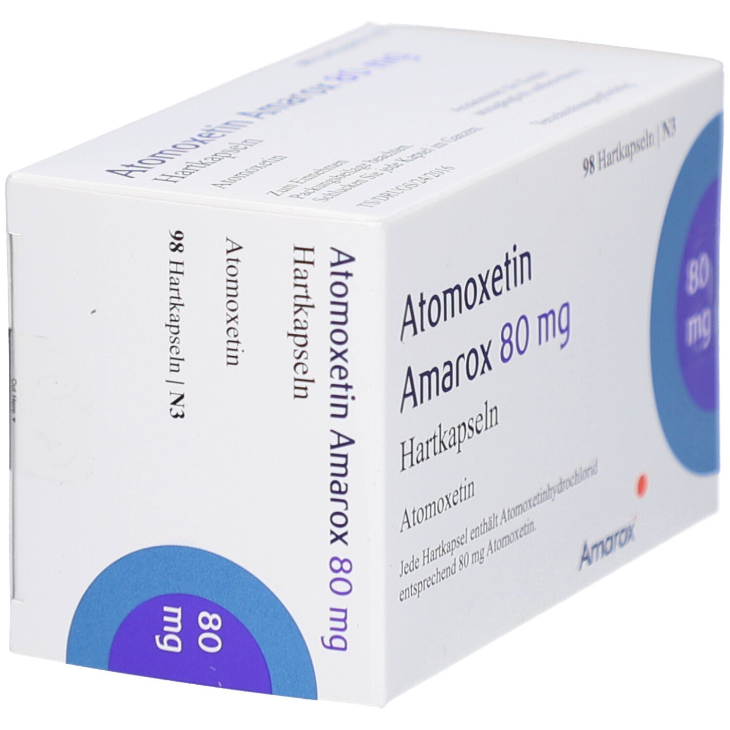 Schräg gestellte Arzneimittelbox mit 'Atomoxetin Amarox 80 mg Hartkapseln'. 98 Hartkapseln. Marke Amarox. Blaue Kreise mit '80 mg'.