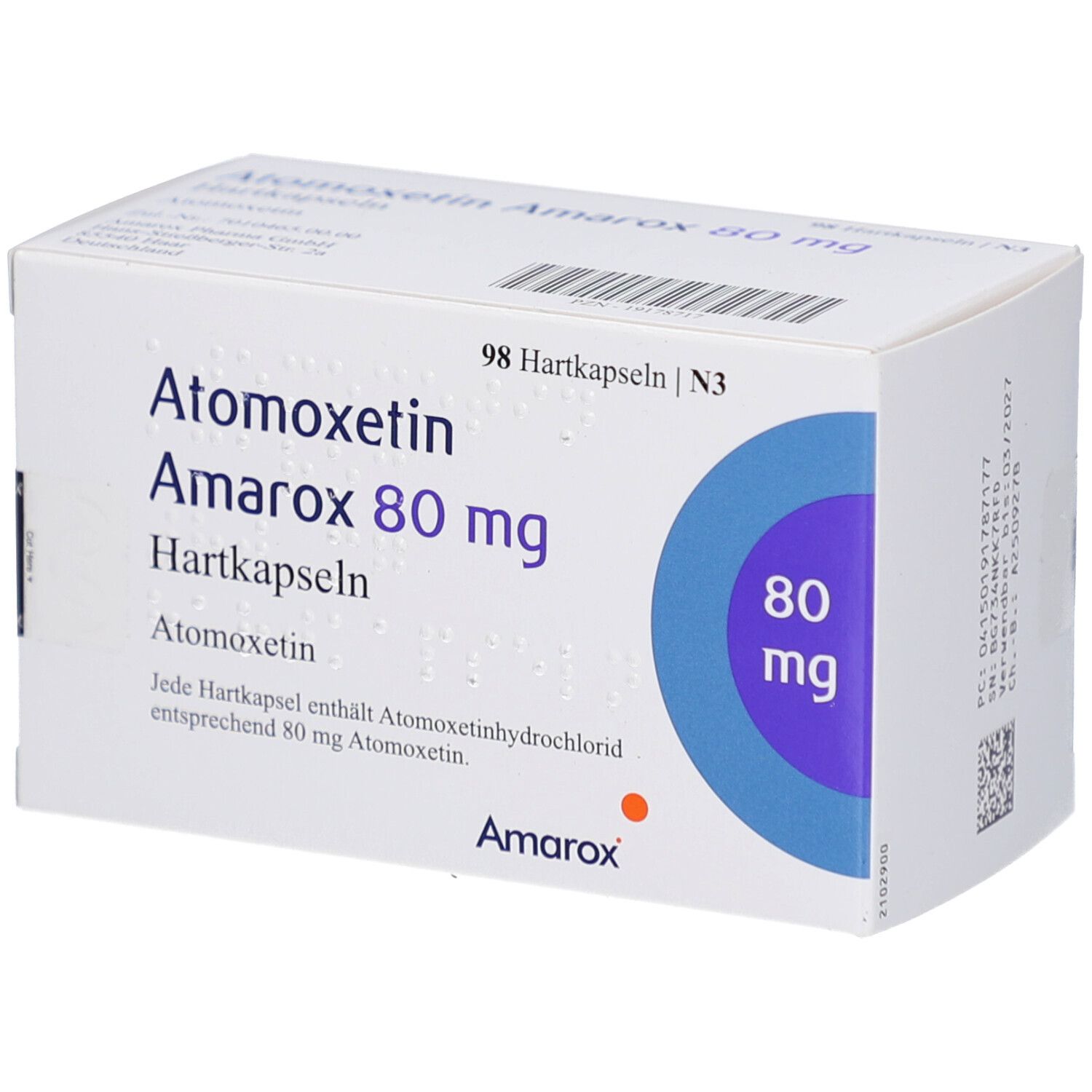 Arzneimittelbox mit 'Atomoxetin Amarox 80 mg Hartkapseln'. 98 Hartkapseln. Marke Amarox. Blaue Kreise mit '80 mg'.