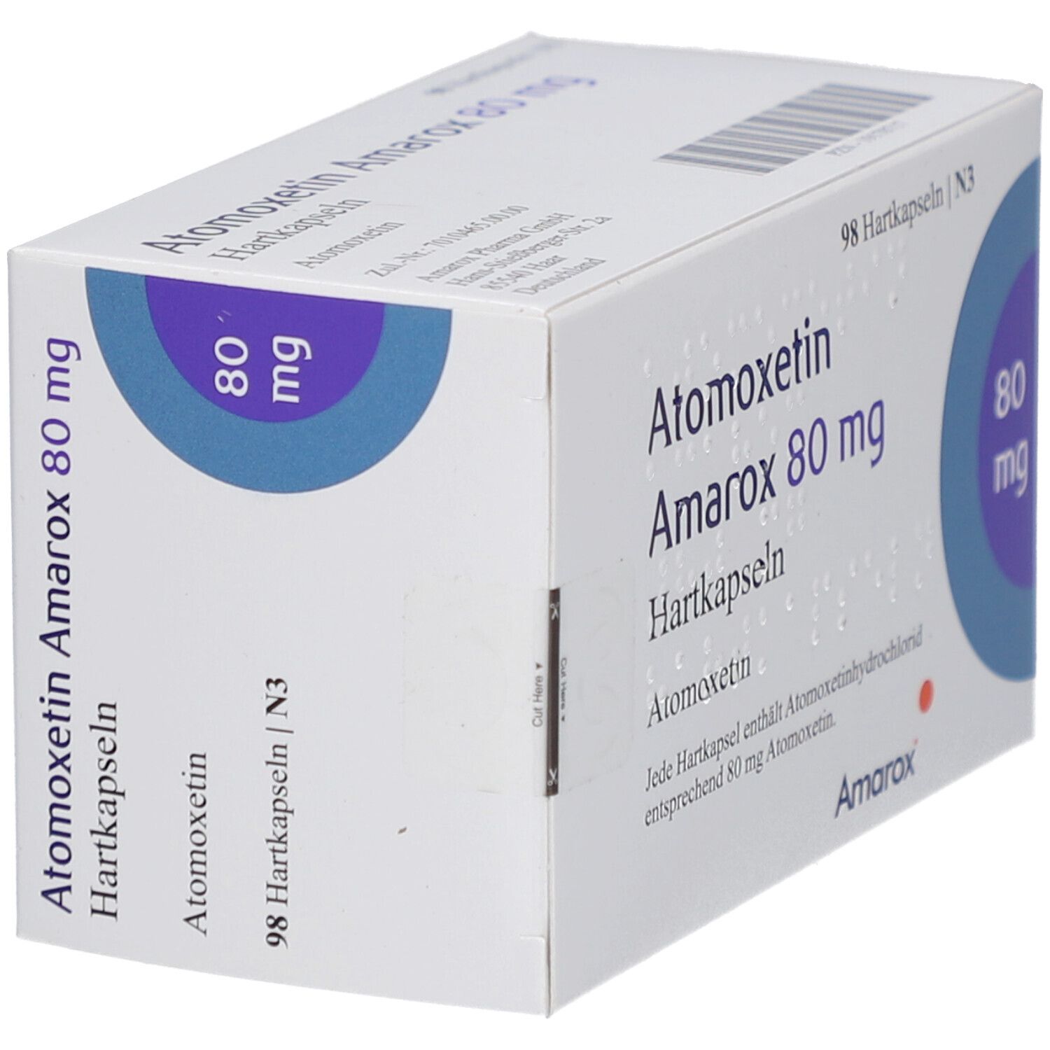 Arzneimittelbox mit 'Atomoxetin Amarox 80 mg Hartkapseln'. 98 Hartkapseln. Marke Amarox. Blaue Kreise mit '80 mg'.