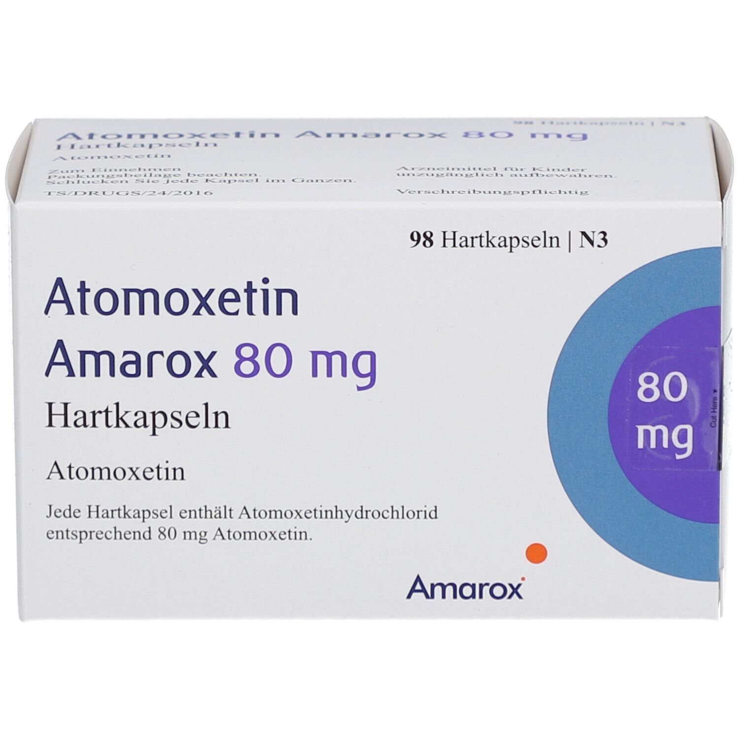 Arzneimittelbox mit 'Atomoxetin Amarox 80 mg Hartkapseln'. 98 Hartkapseln. Marke Amarox. Blaue Kreise mit '80 mg'.