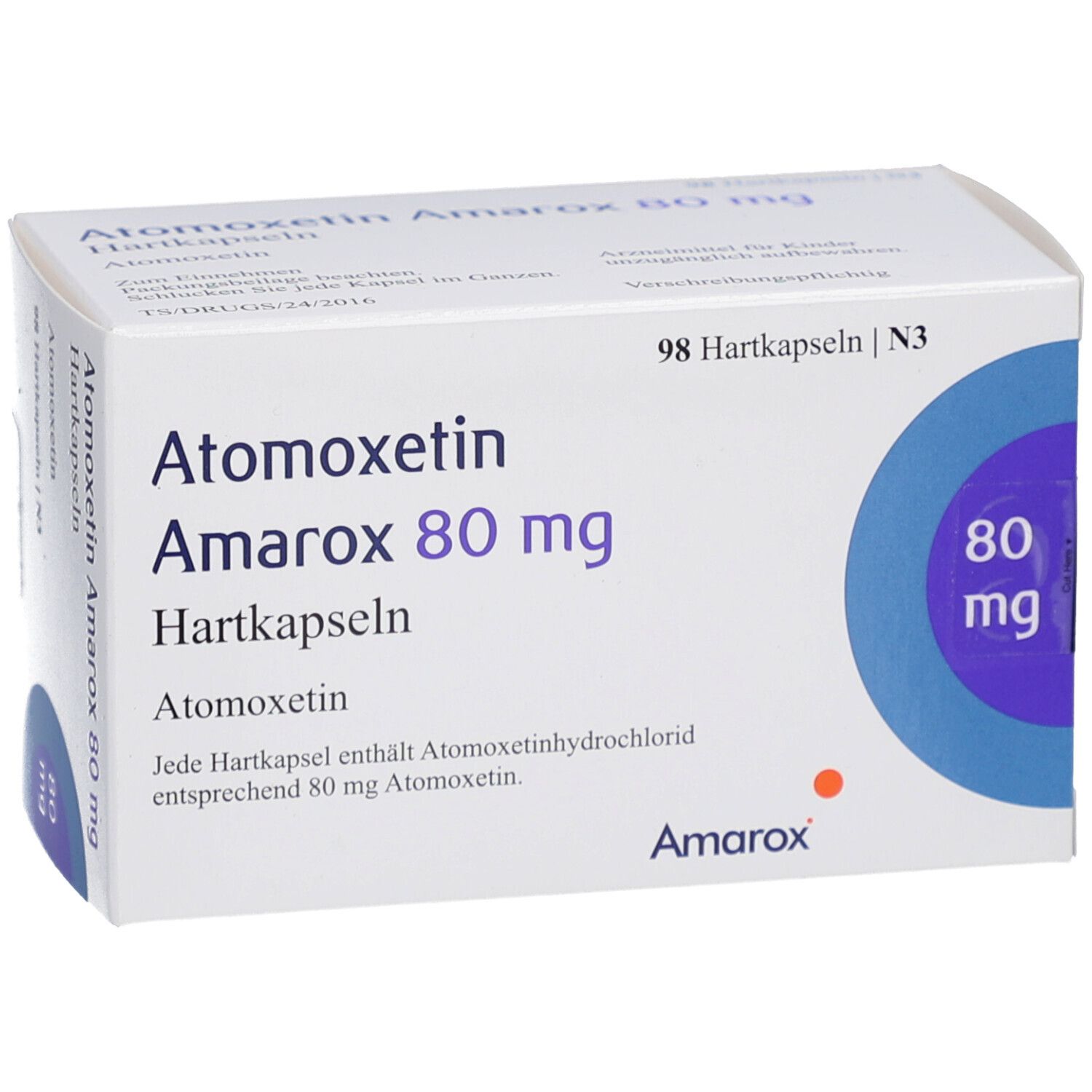 Arzneimittelbox mit 'Atomoxetin Amarox 80 mg Hartkapseln'. 98 Hartkapseln. Marke Amarox. Blaue Kreise mit '80 mg'.