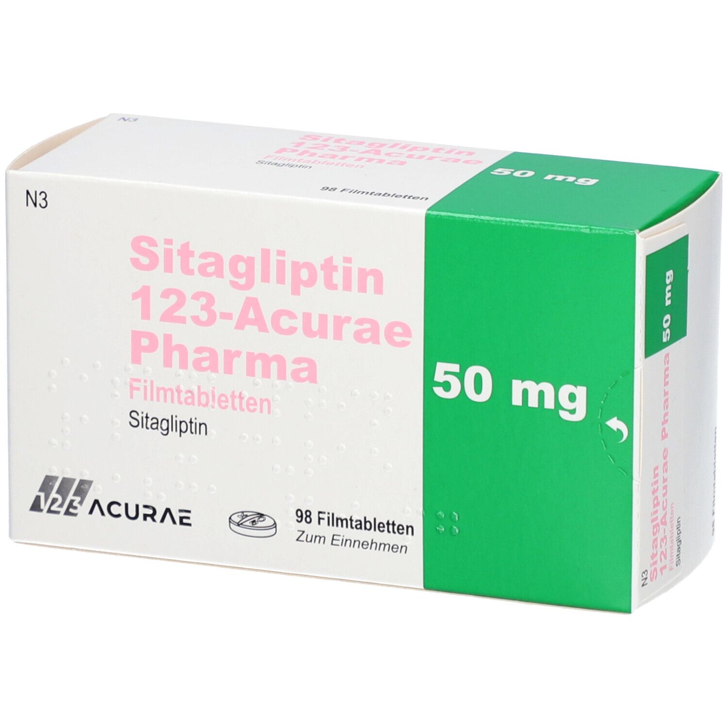 Schachtel mit SITAGLIPTIN 123-Acurae Pharma Filmtabletten. 50 mg, 98 Tabletten. Grün und weiß.