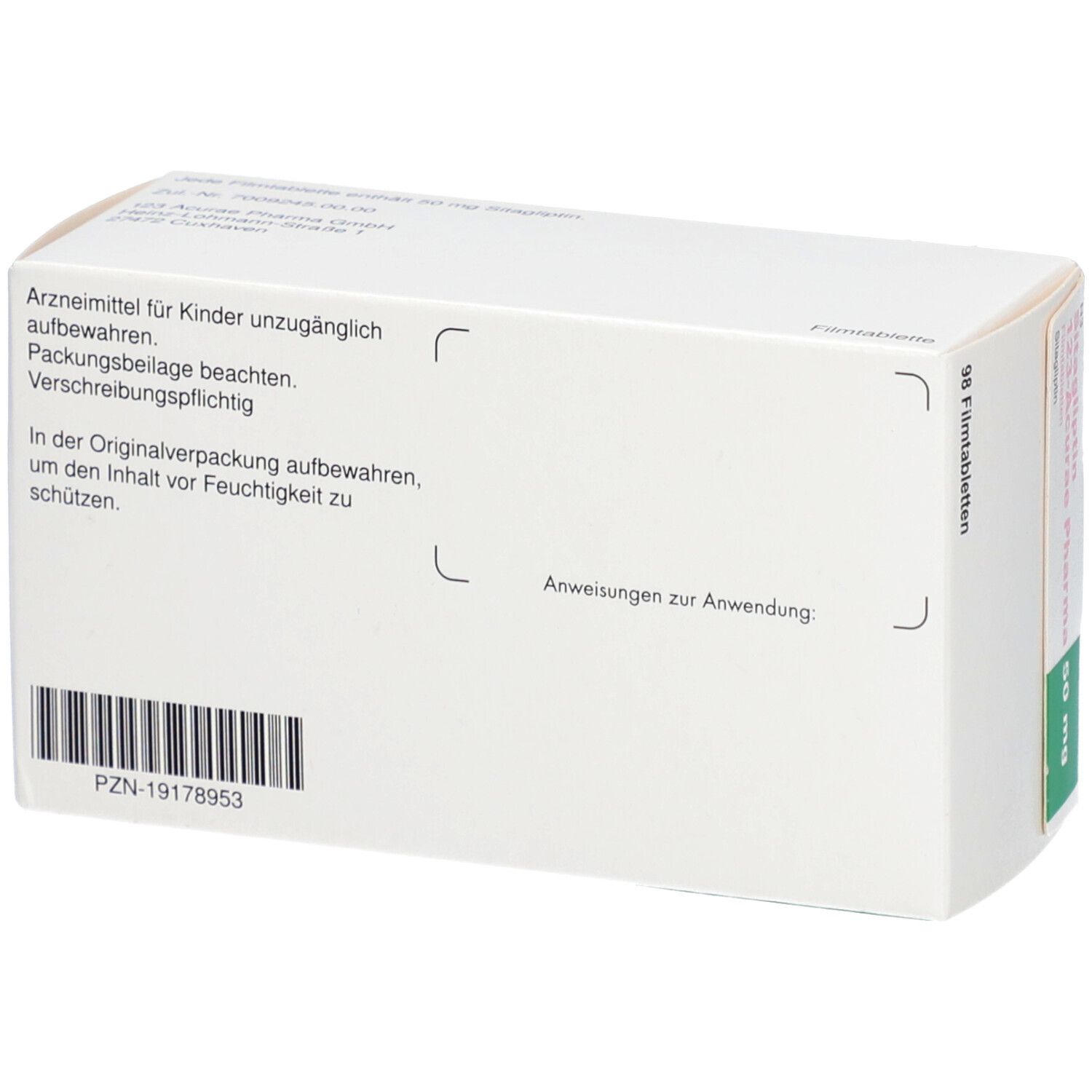 Rückseite der Schachtel SITAGLIPTIN 123-Acurae Pharma. Text: 'Arzneimittel für Kinder unzugänglich aufbewahren'.