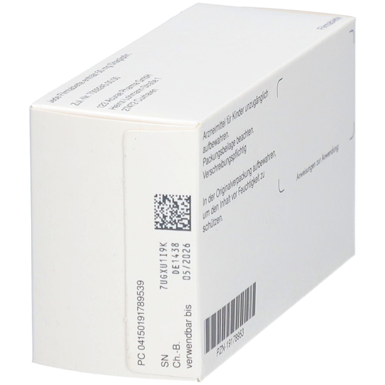 Schachtel SITAGLIPTIN 123-Acurae Pharma. Seitenansicht mit Chargennummer, Verfallsdatum und Barcode.