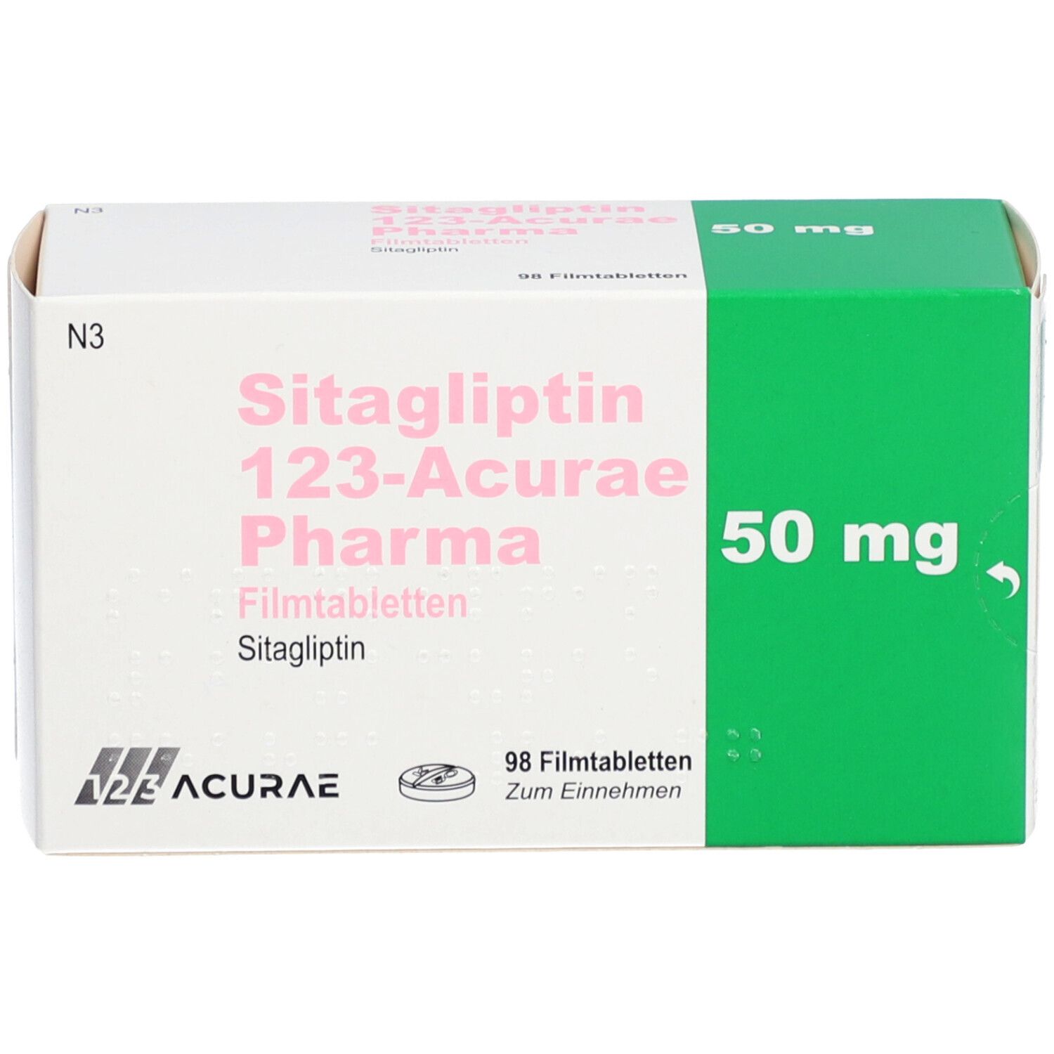 Schachtel mit SITAGLIPTIN 123-Acurae Pharma Filmtabletten. 50 mg, 98 Tabletten. Grün und weiß.