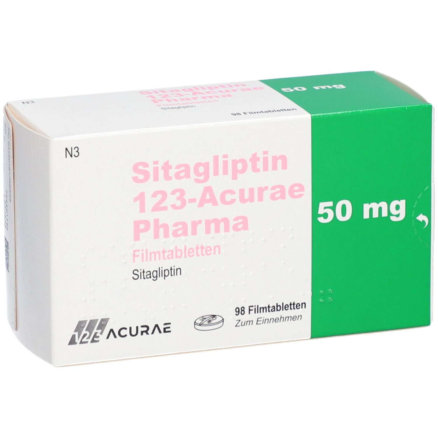 Schachtel mit SITAGLIPTIN 123-Acurae Pharma Filmtabletten. 50 mg, 98 Tabletten. Grün und weiß.