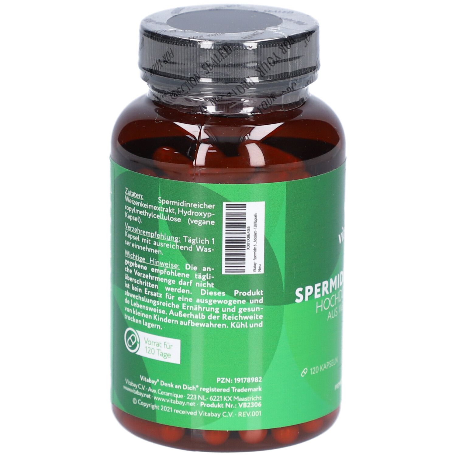 Rückseite der Flasche. Grüne Banderole mit Inhaltsstoffen und Anwendungshinweisen. Text in Deutsch.