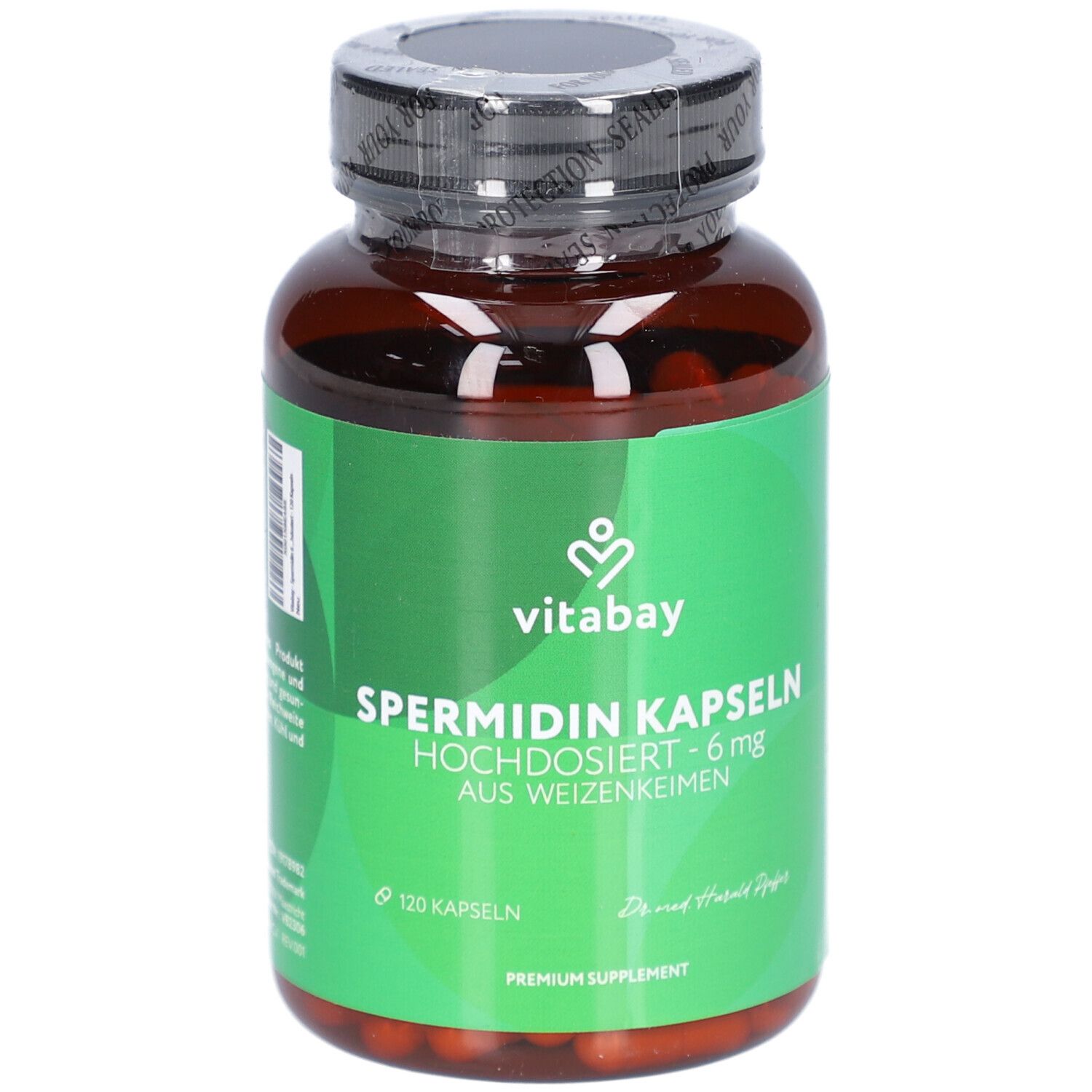 Braune Flasche mit grüner Banderole. Aufschrift: Vitabay Spermidin Kapseln 6 mg. 120 Kapseln.