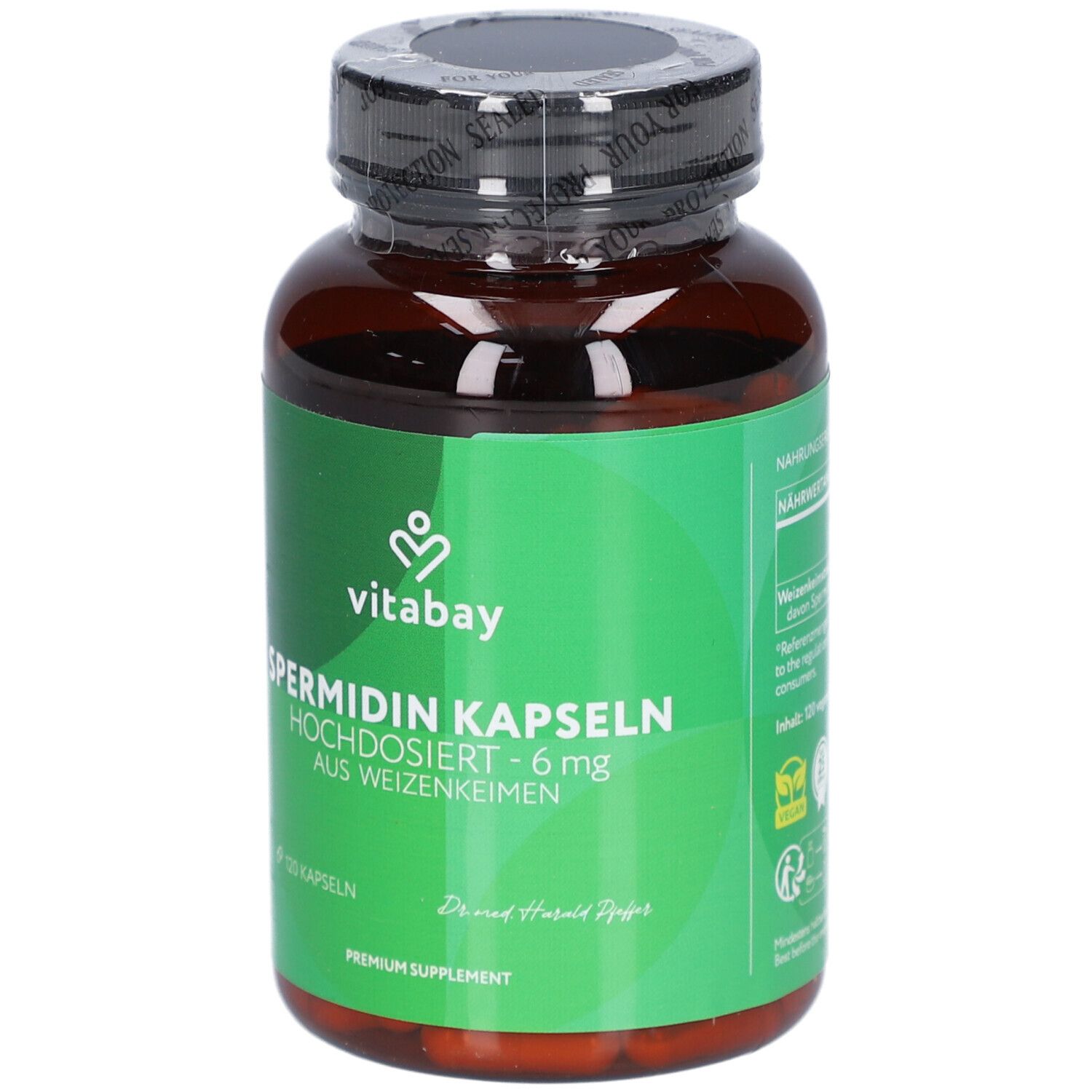 Braune Flasche mit grüner Banderole. Aufschrift: Vitabay Spermidin Kapseln 6 mg. 120 Kapseln.