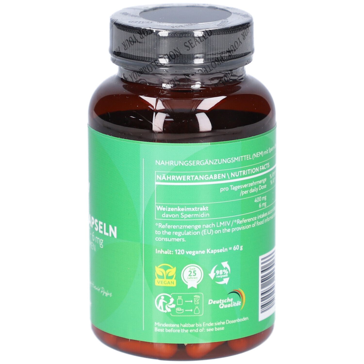 Rückseite der Flasche. Grüne Banderole mit Nährwertangaben, Vegan-Siegel und Deutsche Dental-Logo.