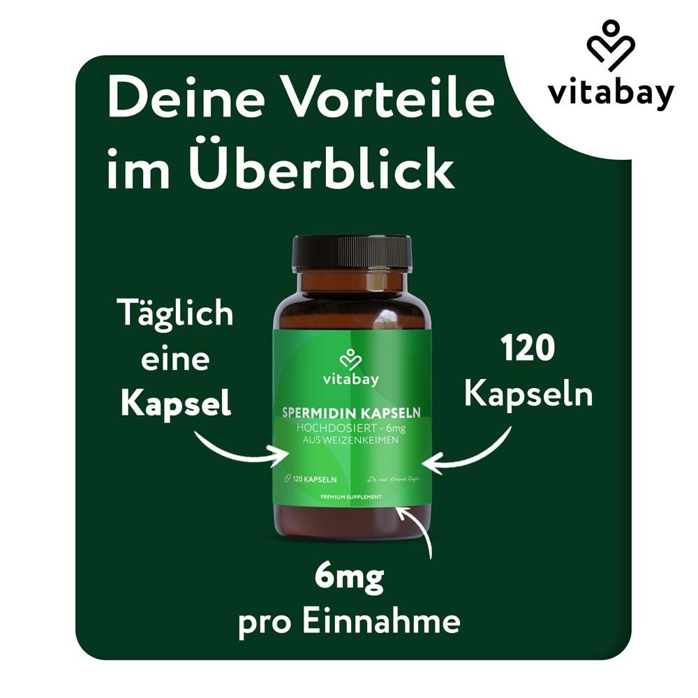 Braune Flasche mit Spermidin Kapseln. Text: 6mg pro Einnahme. 120 Kapseln. Täglich eine Kapsel.