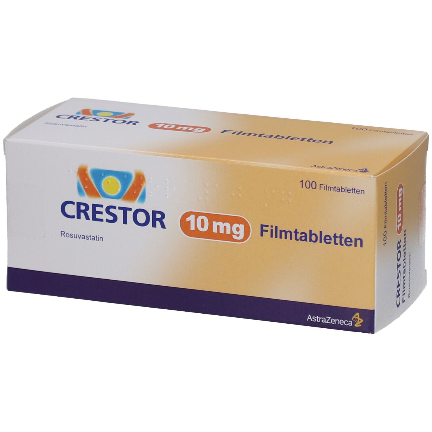 CRESTOR 10 mg Filmtabletten-Packung. Weiße Schachtel mit Logo, Produktname und Dosierung. Enthält 100 Filmtabletten.