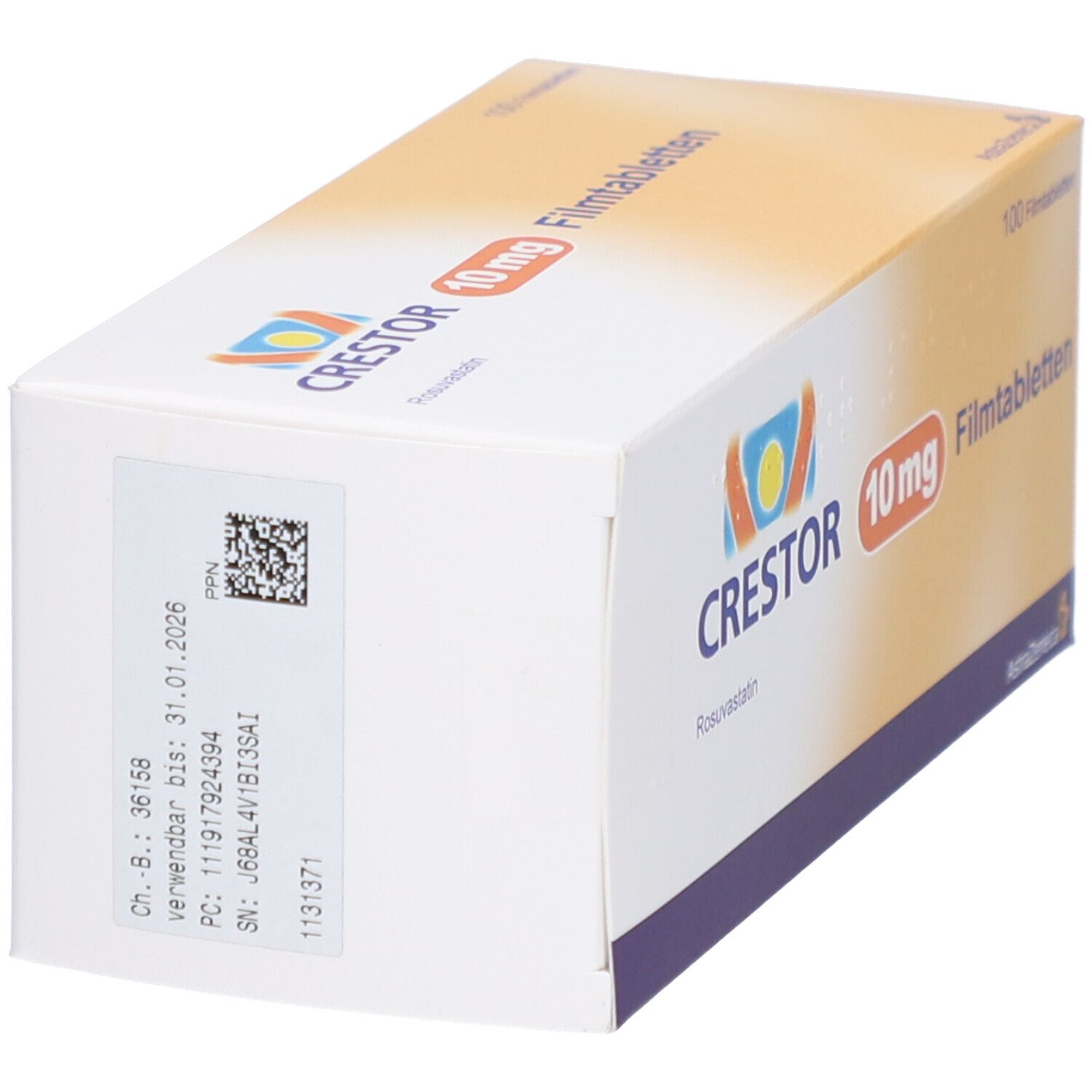 CRESTOR 10 mg Filmtabletten-Packung. Weiße Schachtel mit Logo und Produktinformationen. Barcode und Verfallsdatum sichtbar.