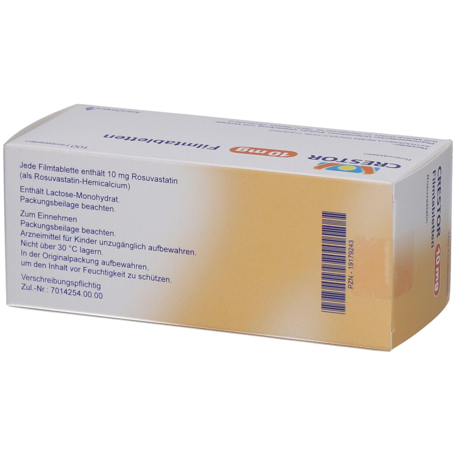 Rückseite der CRESTOR 10 mg Filmtabletten-Packung. Textinformationen, Dosierung und Herstellerangaben. Weiße Verpackung.