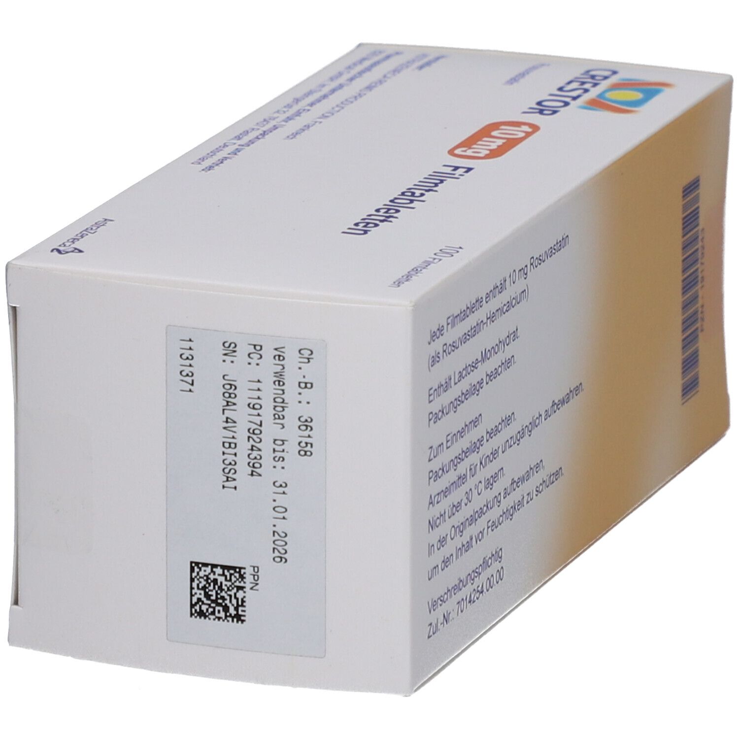 CRESTOR 10 mg Filmtabletten-Packung. Weiße Schachtel mit Logo und Produktinformationen. Barcode und Verfallsdatum sichtbar.