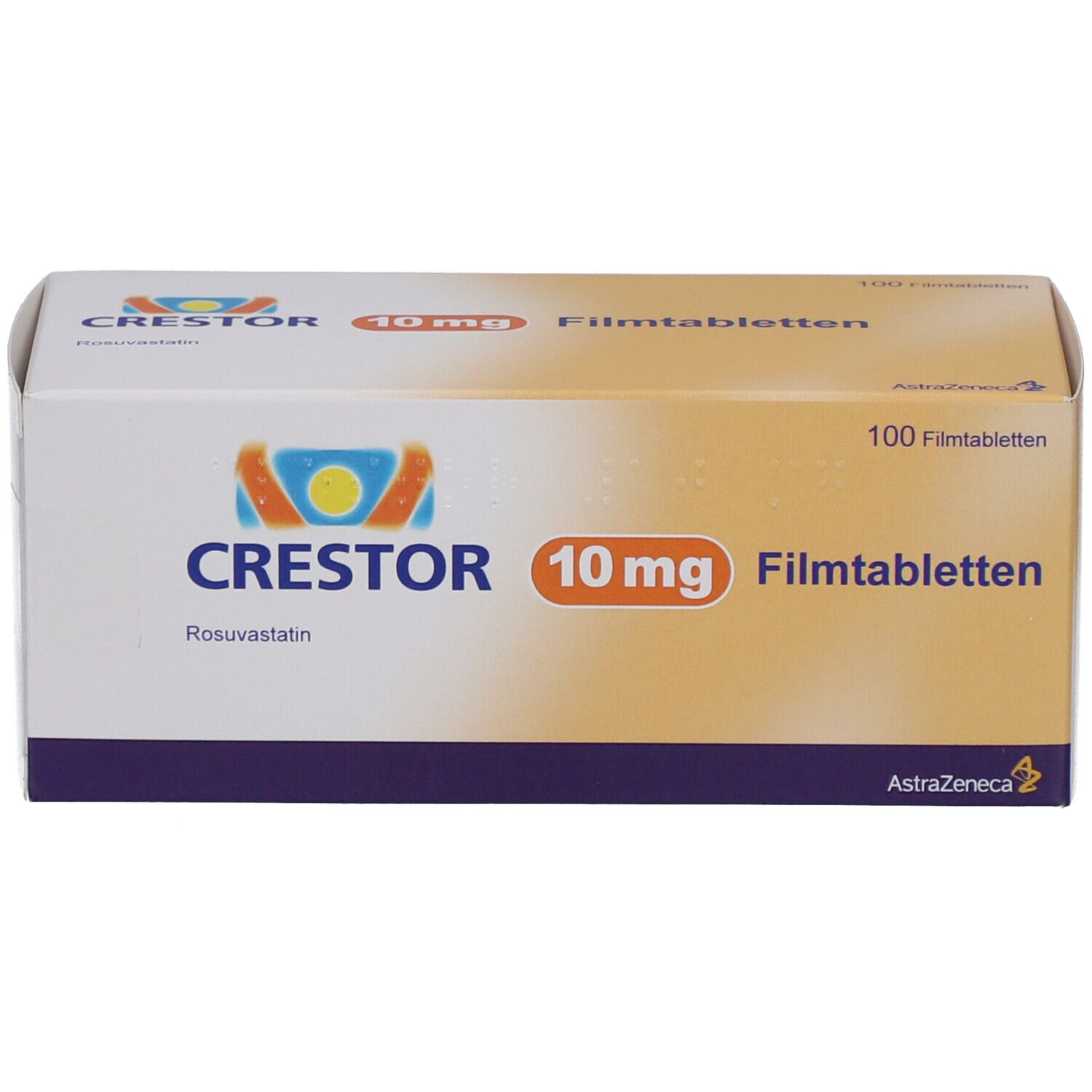 CRESTOR 10 mg Filmtabletten-Packung. Weiße Schachtel mit Logo, Produktname und Dosierung. Enthält 100 Filmtabletten.
