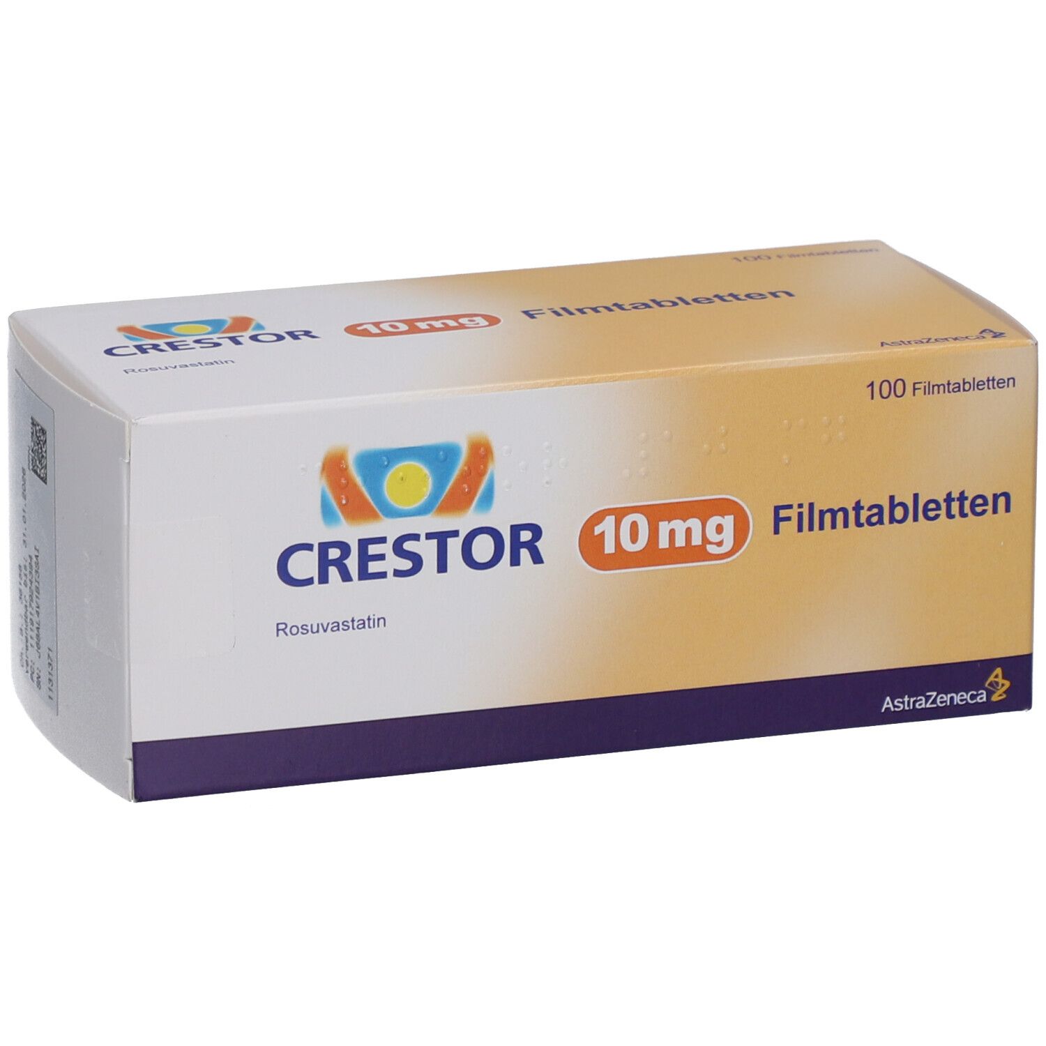 CRESTOR 10 mg Filmtabletten-Packung. Weiße Schachtel mit Logo, Produktname und Dosierung. Enthält 100 Filmtabletten.