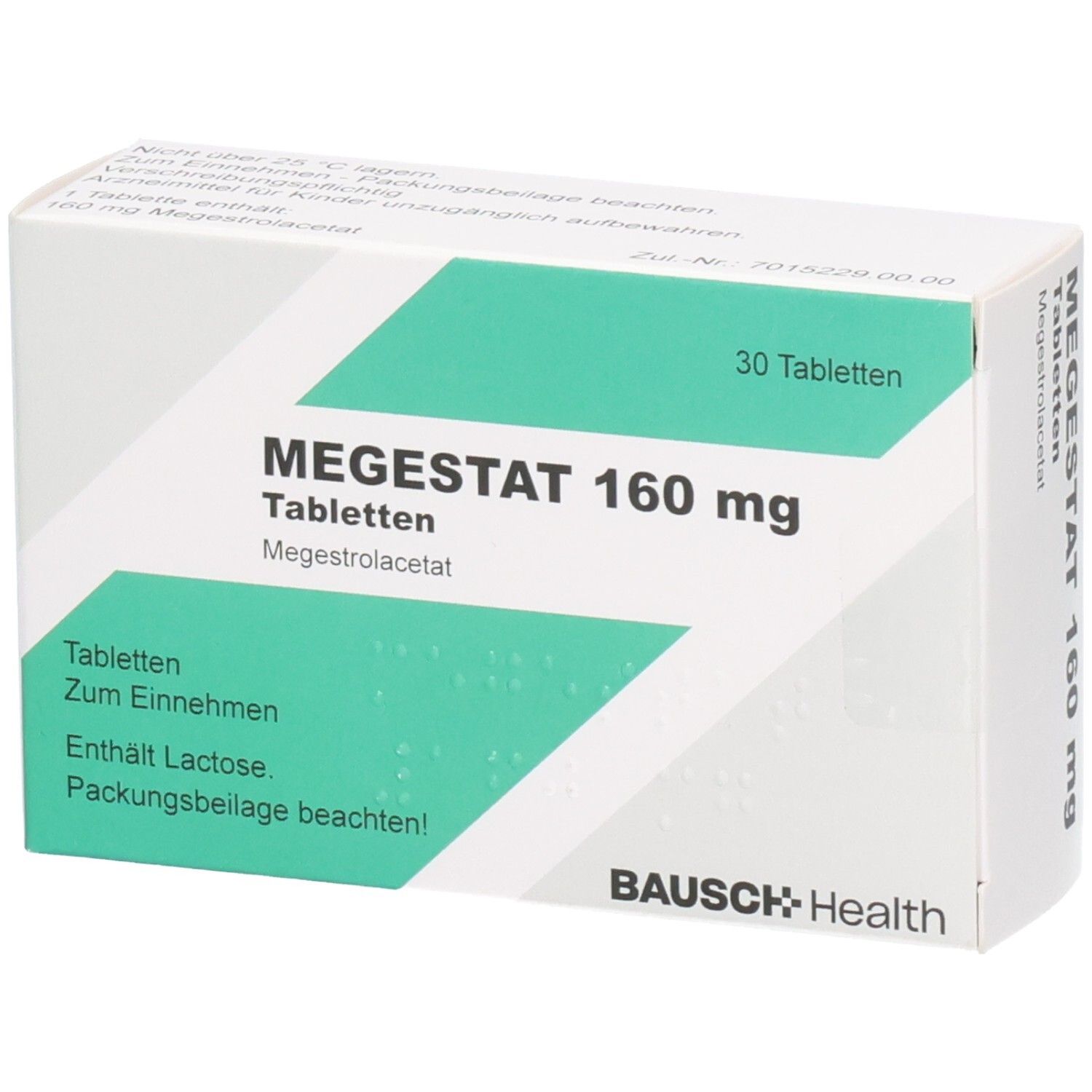 Schachtel MEGESTAT 160 mg Tabletten. Weiße Schachtel mit grünen Akzenten. Text: MEGESTAT 160 mg, 30 Tabletten, Bausch Health.