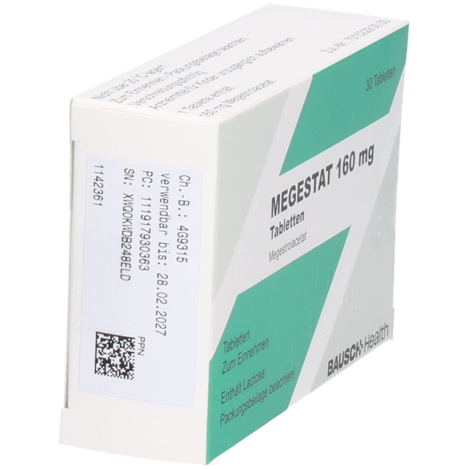 Schachtel MEGESTAT 160 mg Tabletten. Weiße Schachtel mit grünen Akzenten. Text: MEGESTAT 160 mg, Bausch Health. Etikett mit Daten.