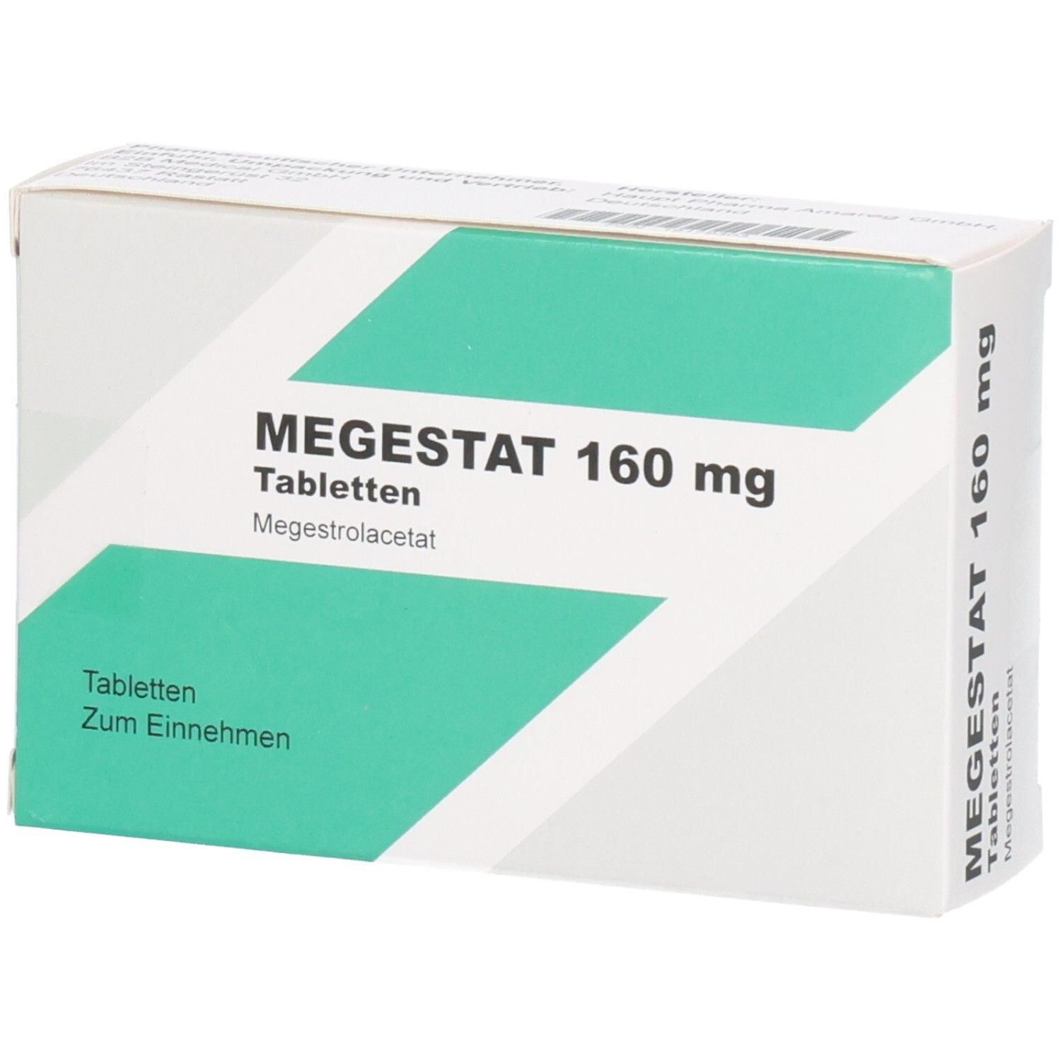 Schachtel MEGESTAT 160 mg Tabletten. Weiße Schachtel mit grünen Akzenten. Text: MEGESTAT 160 mg Tabletten, Bausch Health.