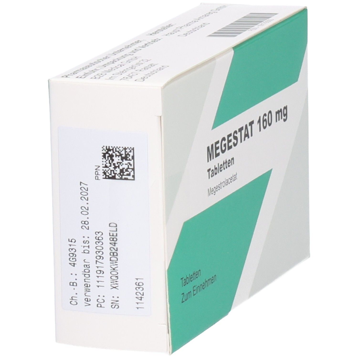 Schachtel MEGESTAT 160 mg Tabletten. Weiße Schachtel mit grünen Akzenten. Text: MEGESTAT 160 mg, Bausch Health. Etikett mit Daten.