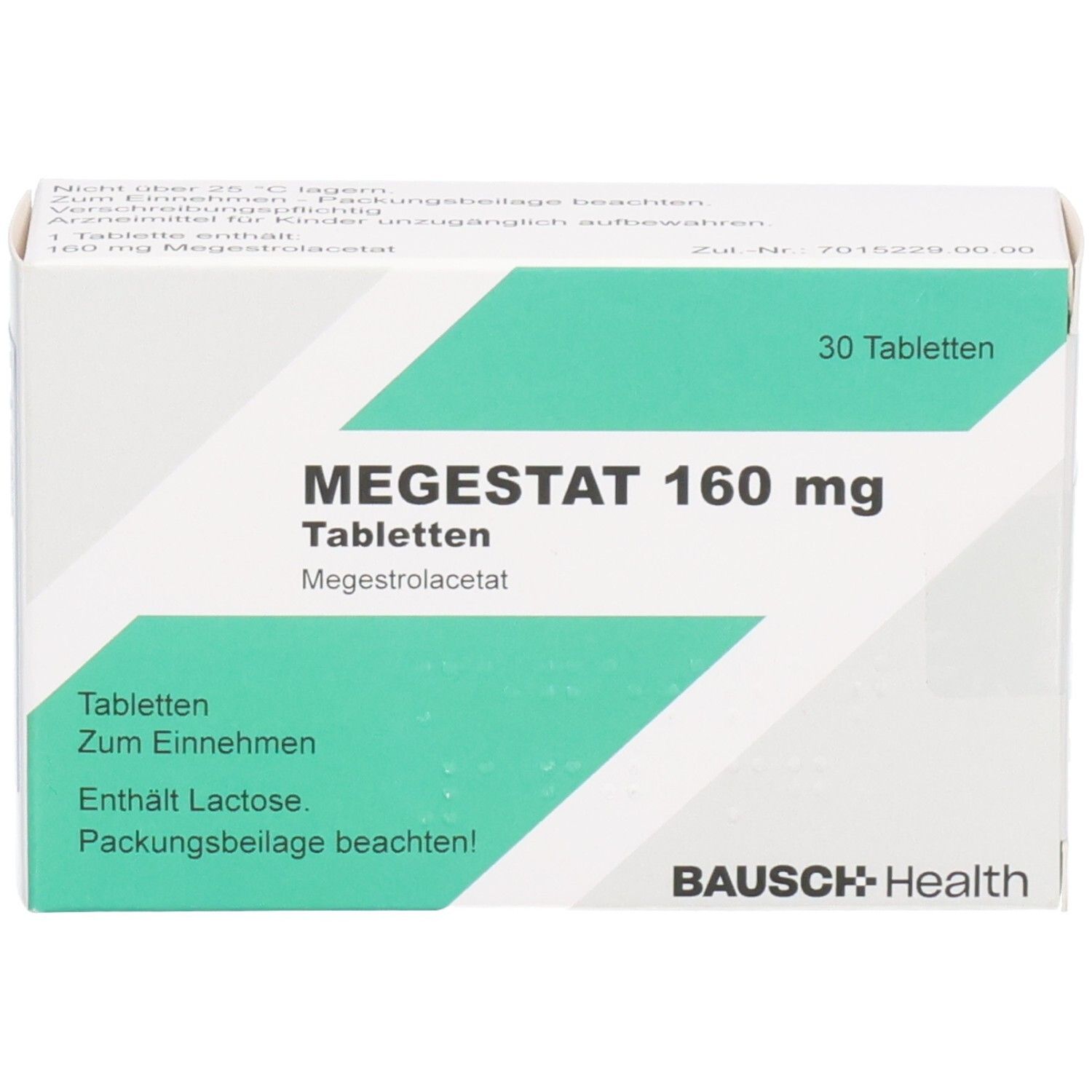 Schachtel MEGESTAT 160 mg Tabletten. Weiße Schachtel mit grünen Akzenten. Text: MEGESTAT 160 mg, 30 Tabletten, Bausch Health.