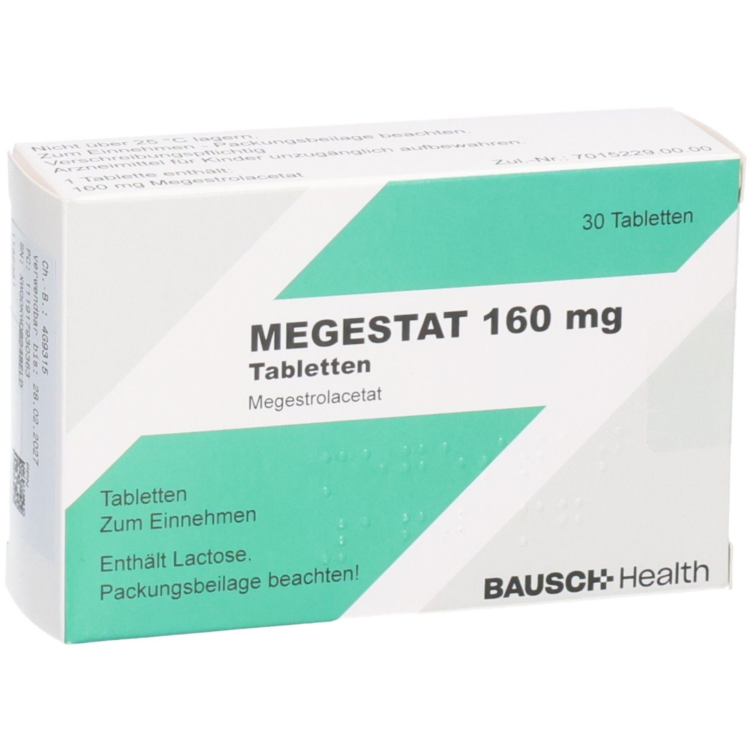 Schachtel MEGESTAT 160 mg Tabletten. Weiße Schachtel mit grünen Akzenten. Text: MEGESTAT 160 mg, 30 Tabletten, Bausch Health.