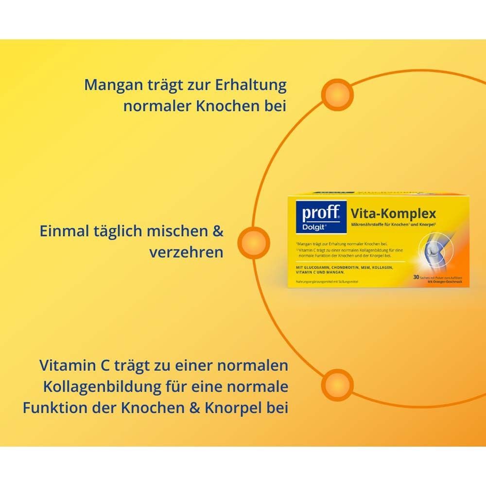 Gelber Hintergrund mit Text und "proff Dolgit Vita-Komplex" Packung. Mangan für Knochen, Vitamin C für Kollagen, einmal täglich.